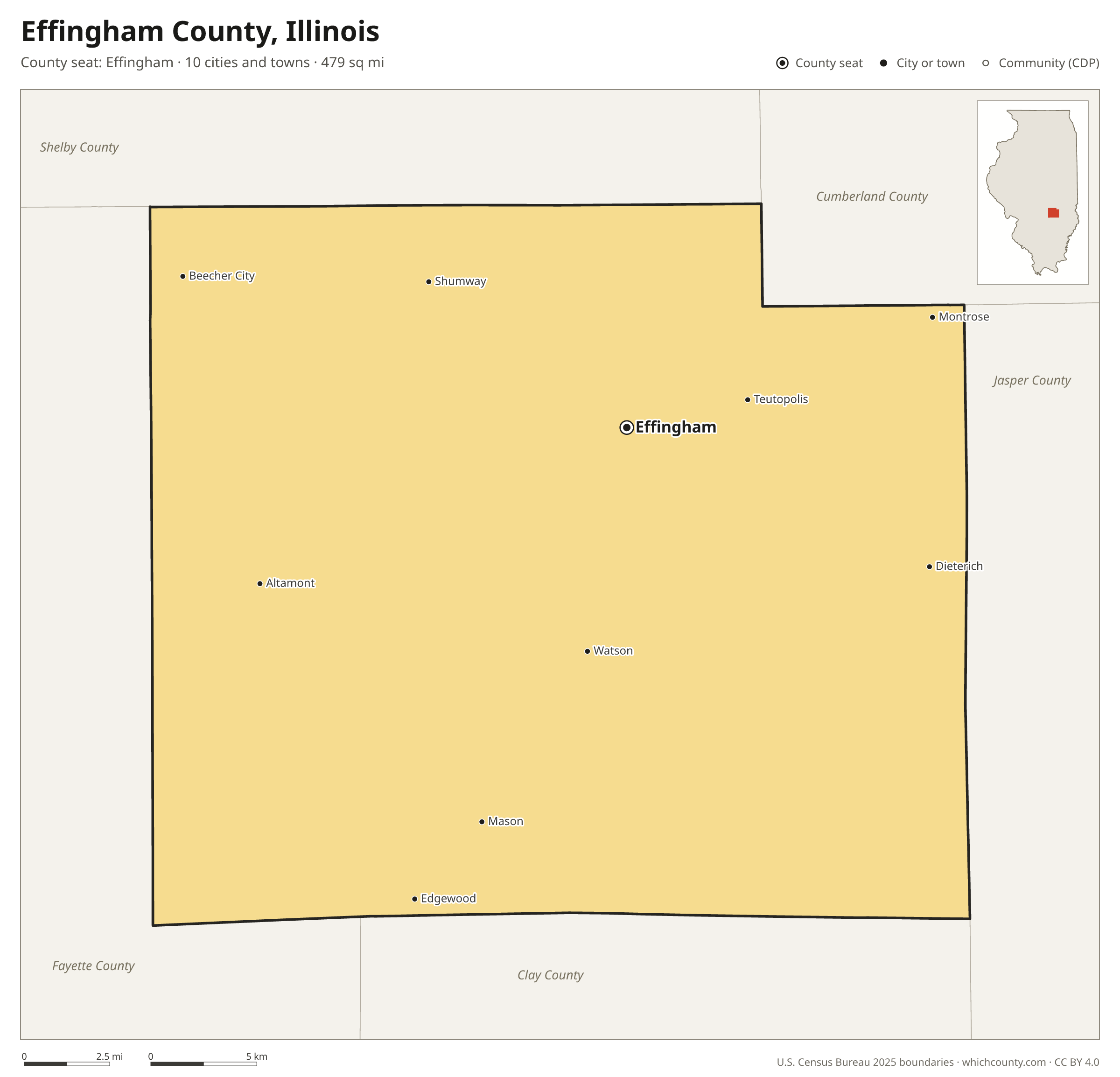 Map of Effingham County, Illinois with cities, towns and the county boundary