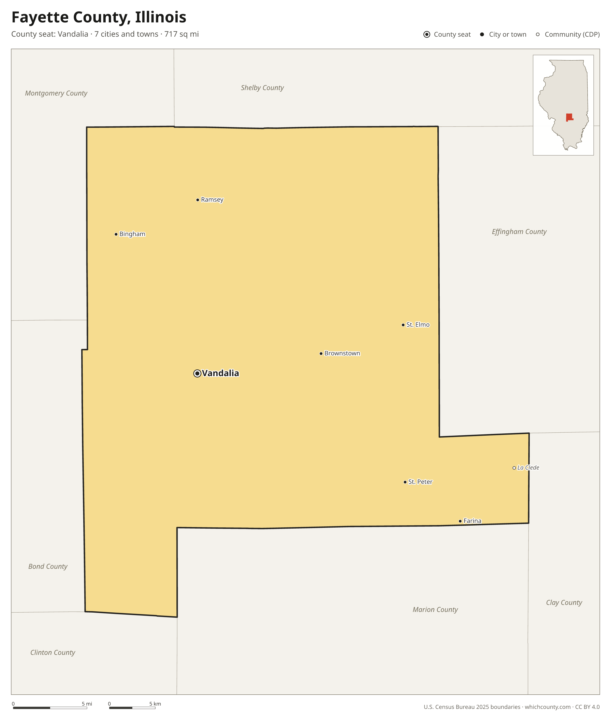 Map of Fayette County, Illinois with cities, towns and the county boundary