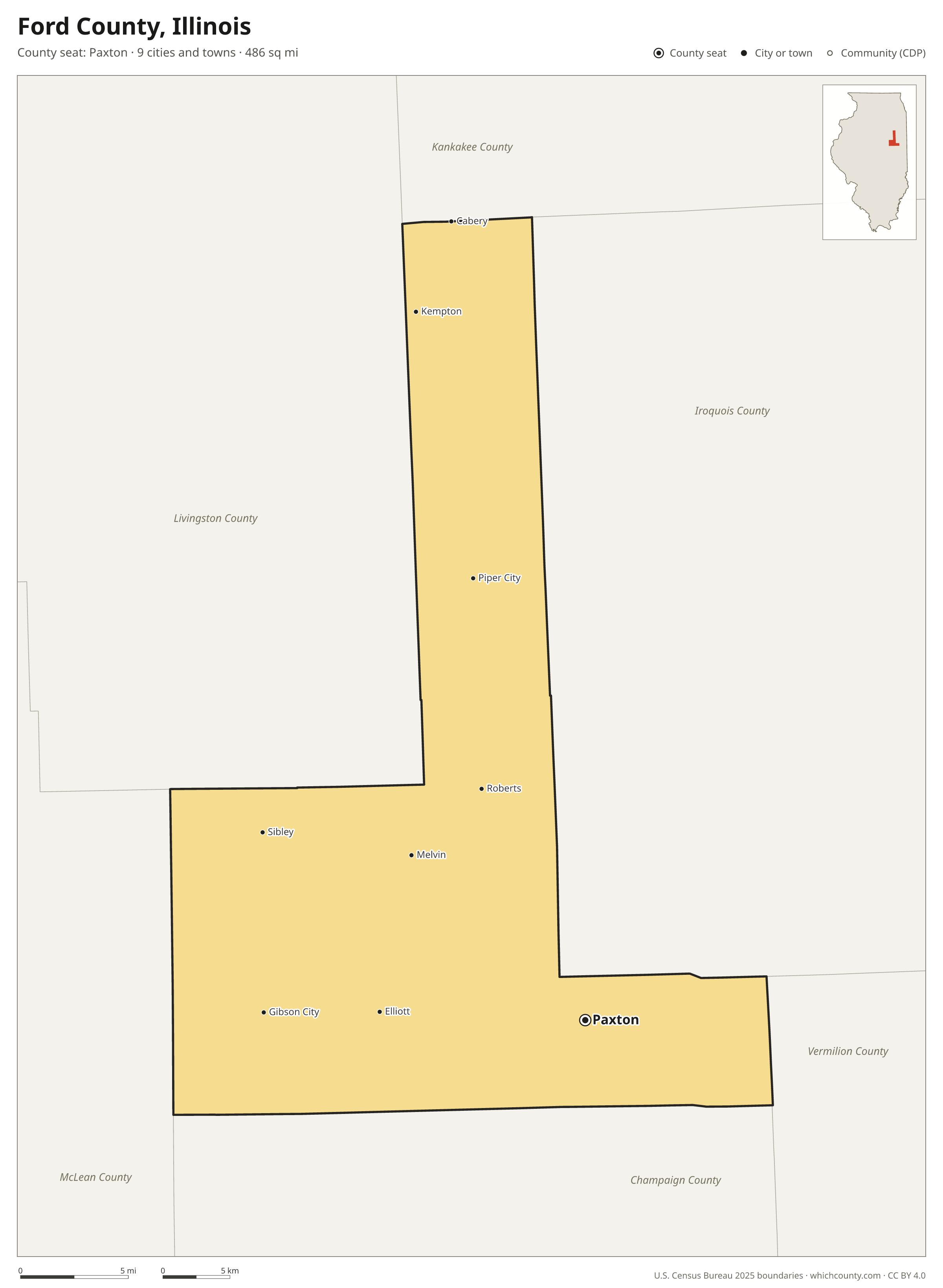 Map of Ford County, Illinois with cities, towns and the county boundary