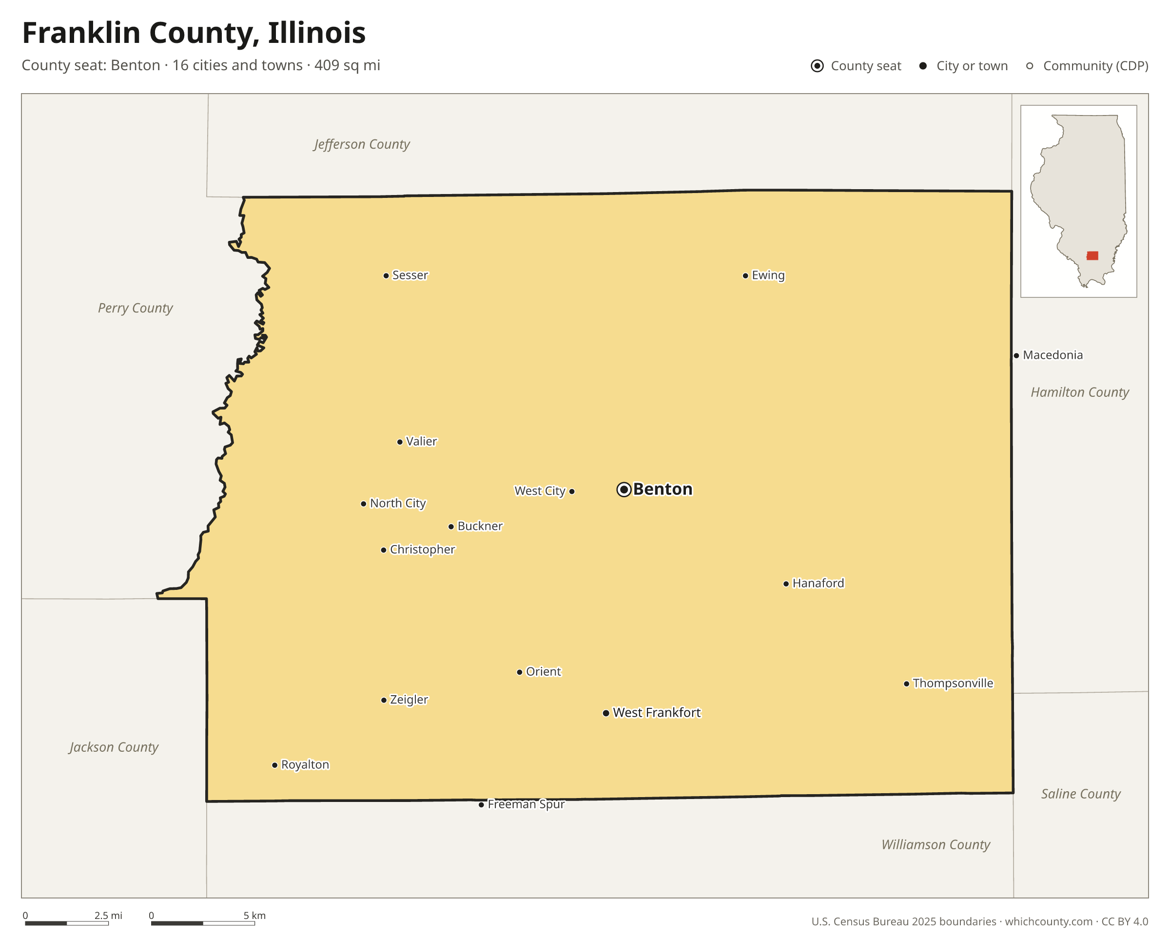 Map of Franklin County, Illinois with cities, towns and the county boundary