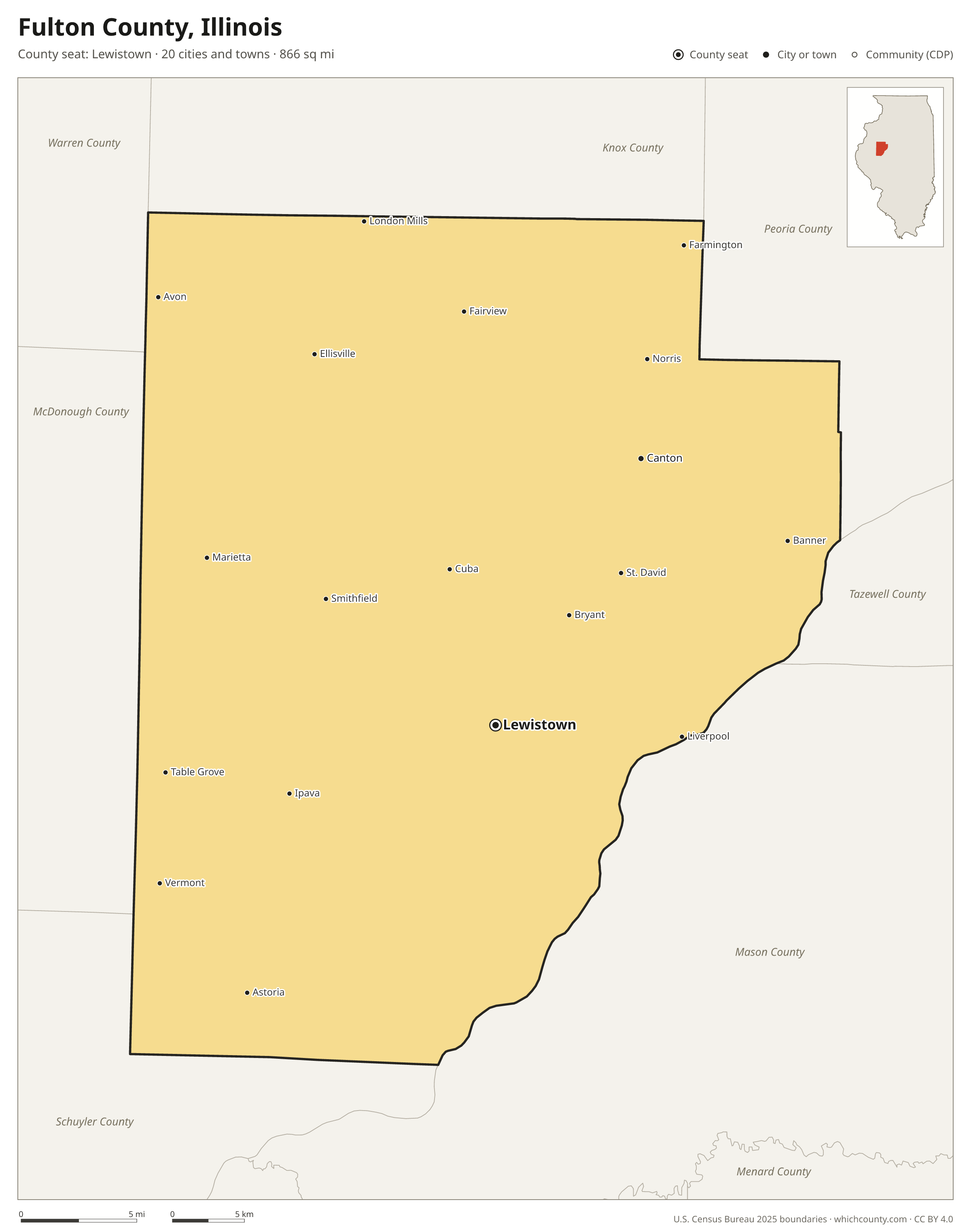 Map of Fulton County, Illinois with cities, towns and the county boundary