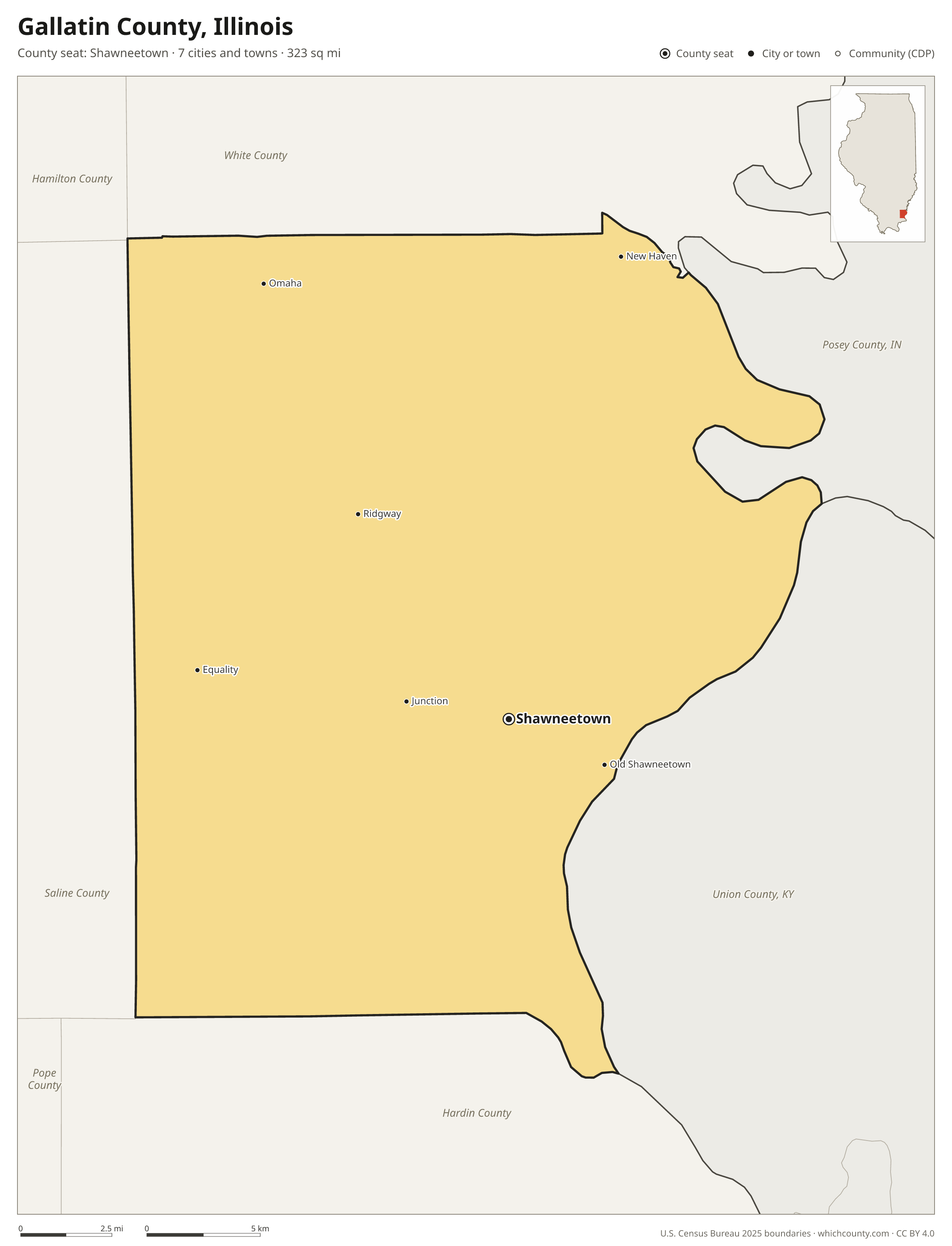 Map of Gallatin County, Illinois with cities, towns and the county boundary