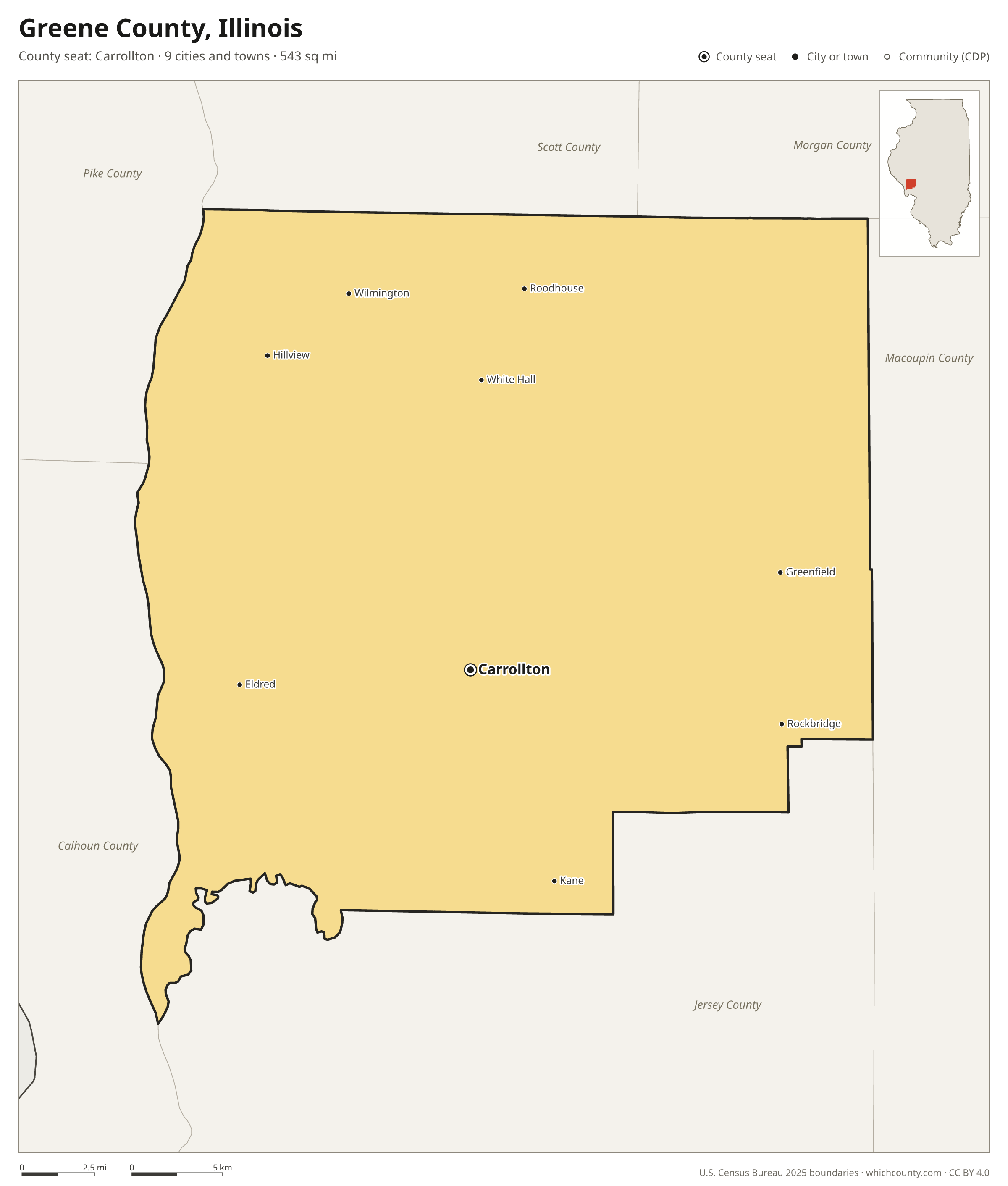 Map of Greene County, Illinois with cities, towns and the county boundary