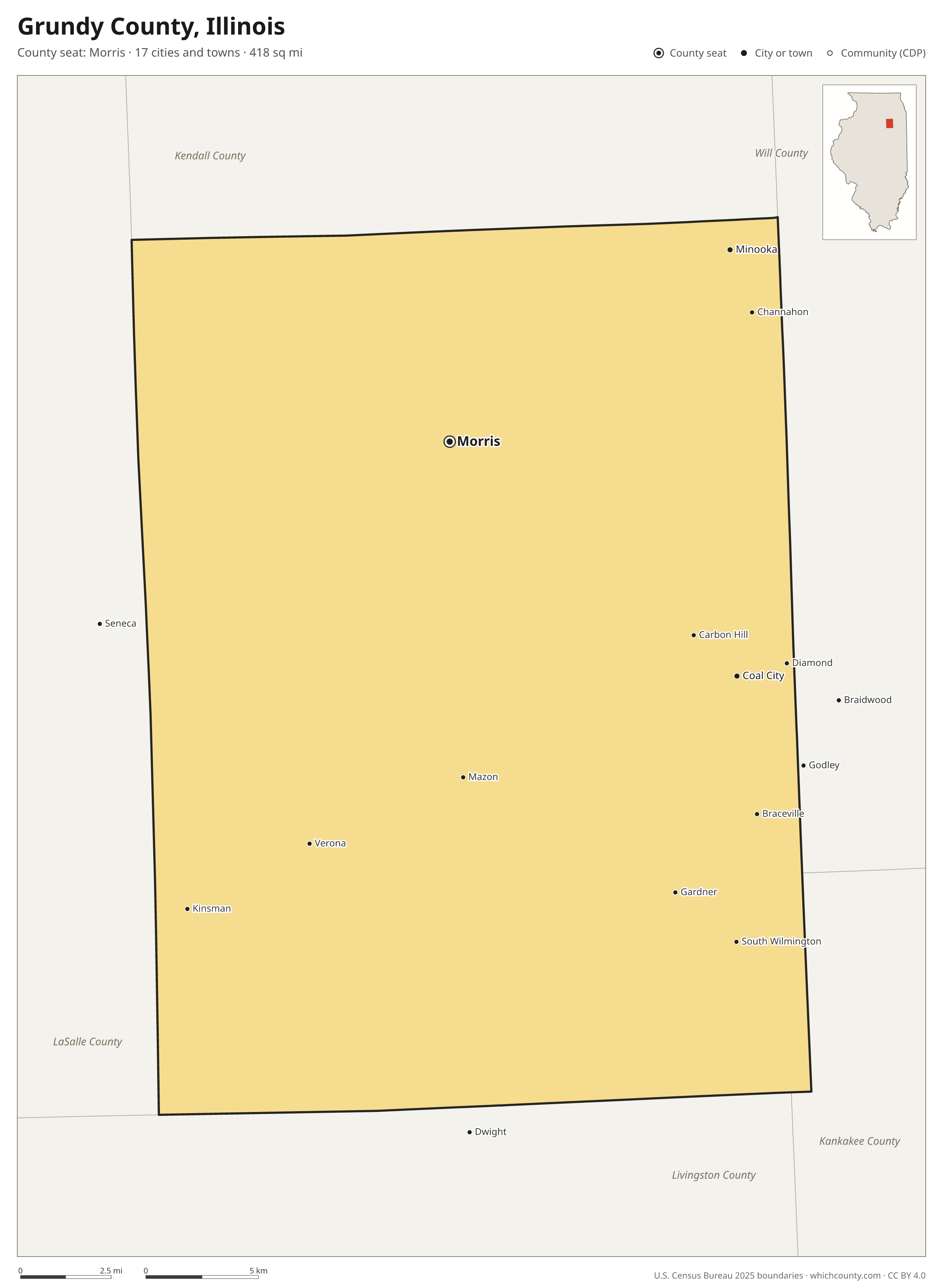 Map of Grundy County, Illinois with cities, towns and the county boundary