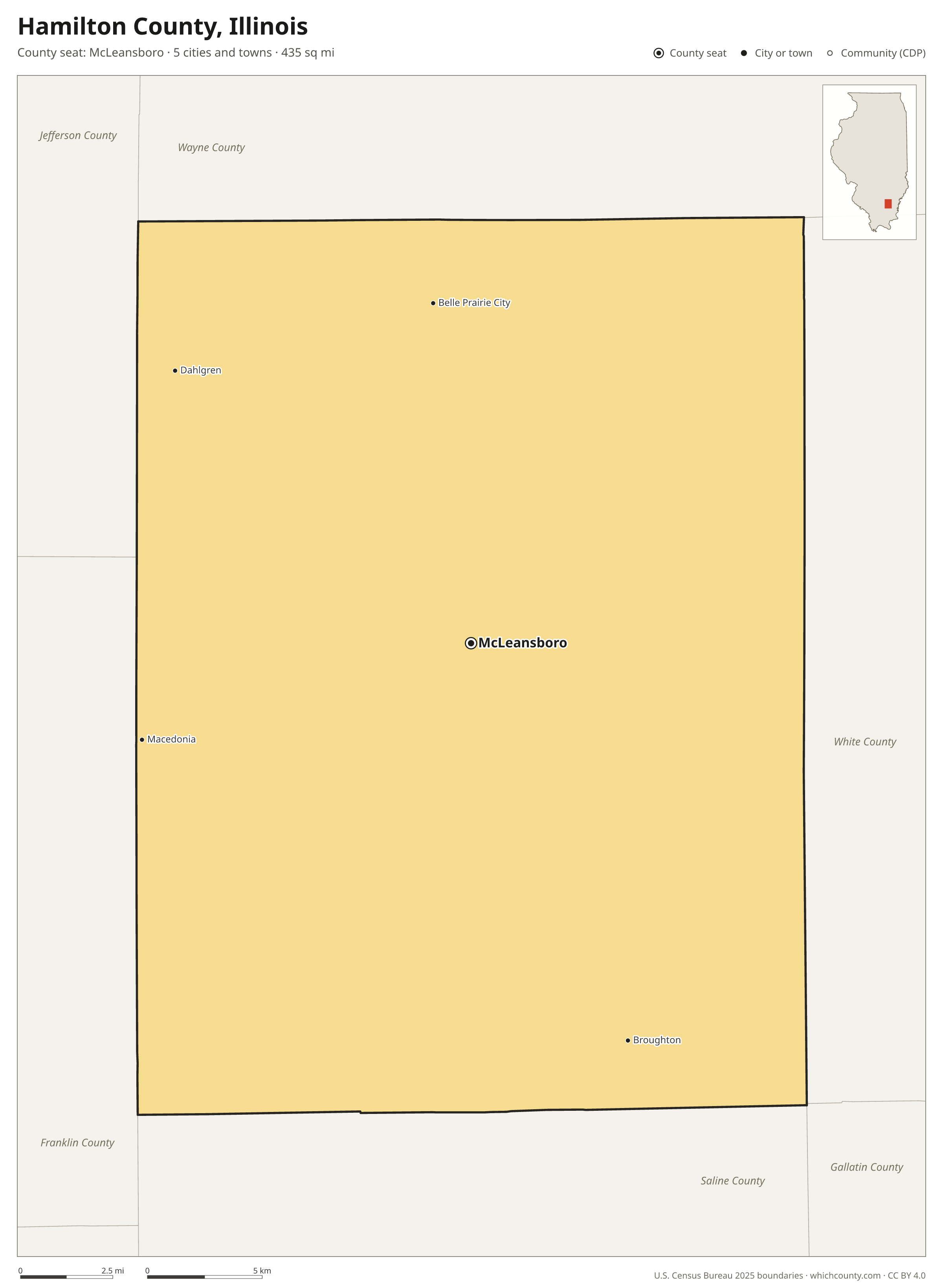 Map of Hamilton County, Illinois with cities, towns and the county boundary