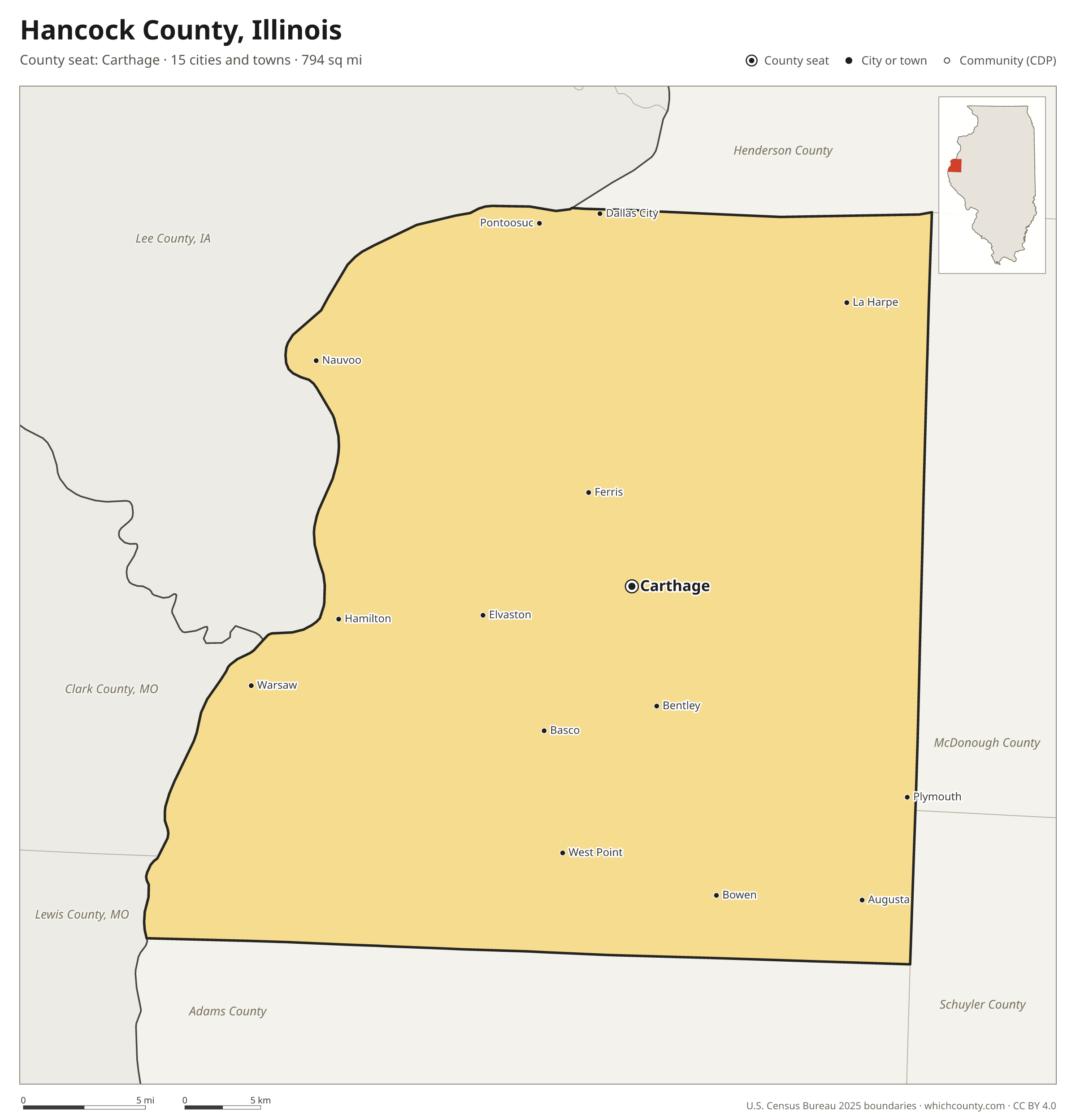 Map of Hancock County, Illinois with cities, towns and the county boundary