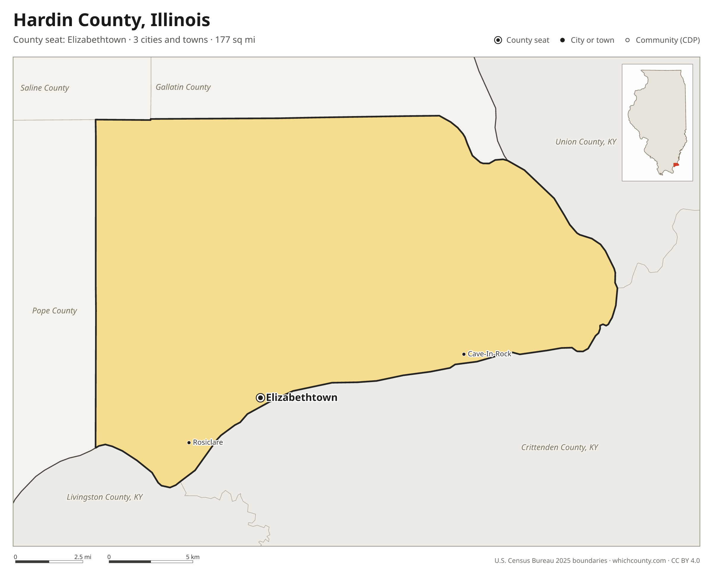 Map of Hardin County, Illinois with cities, towns and the county boundary
