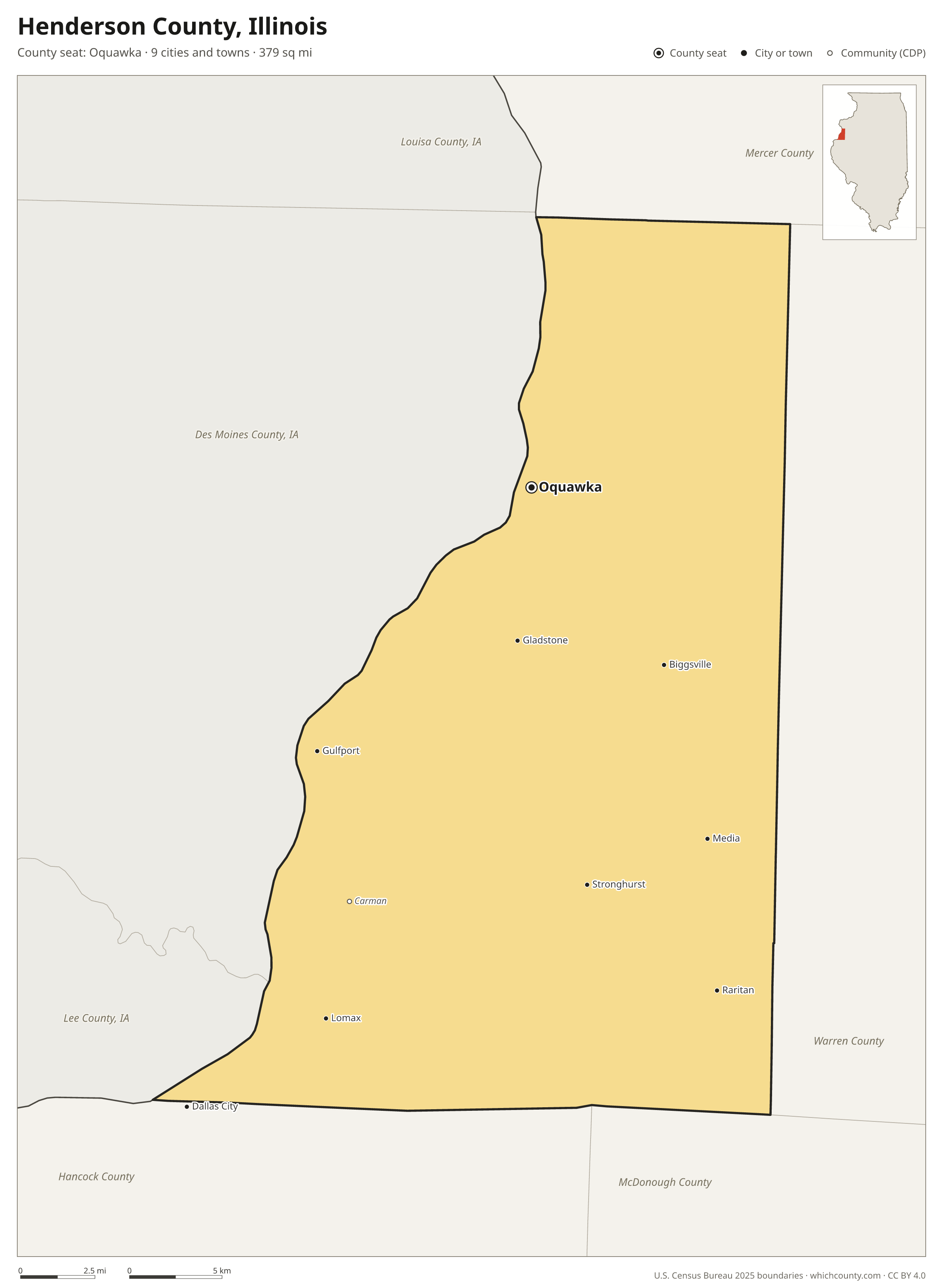Map of Henderson County, Illinois with cities, towns and the county boundary