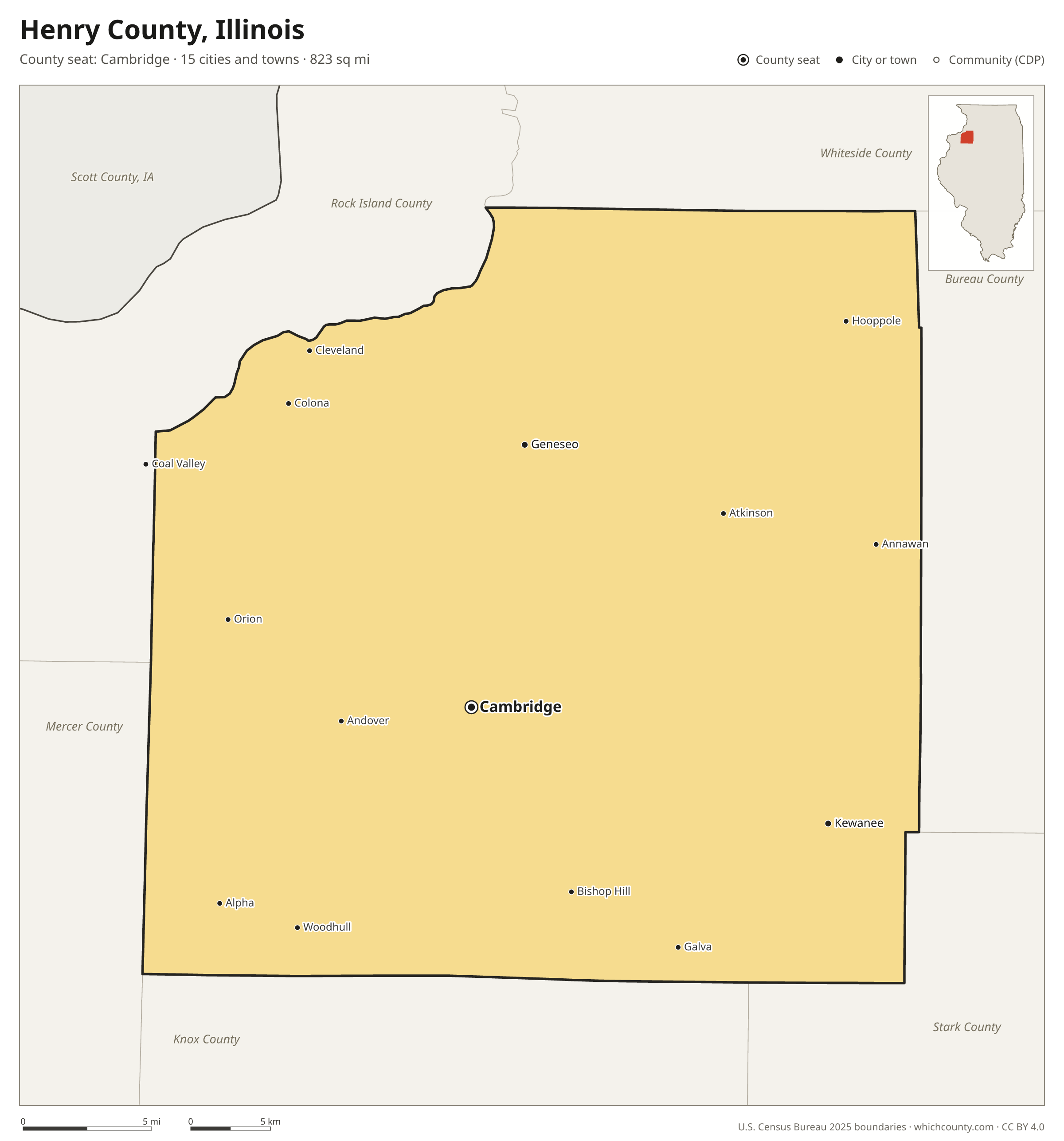 Map of Henry County, Illinois with cities, towns and the county boundary