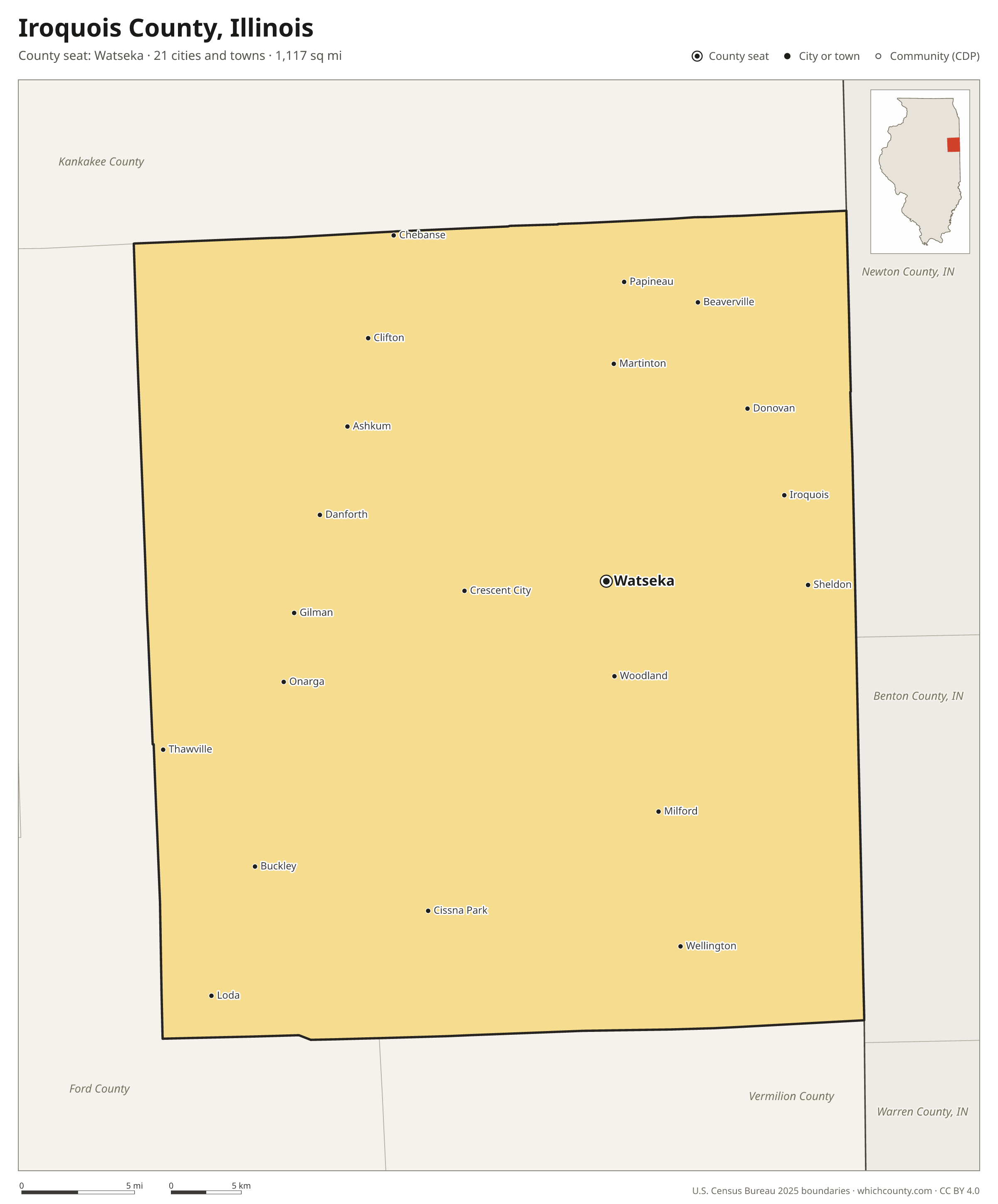 Map of Iroquois County, Illinois with cities, towns and the county boundary