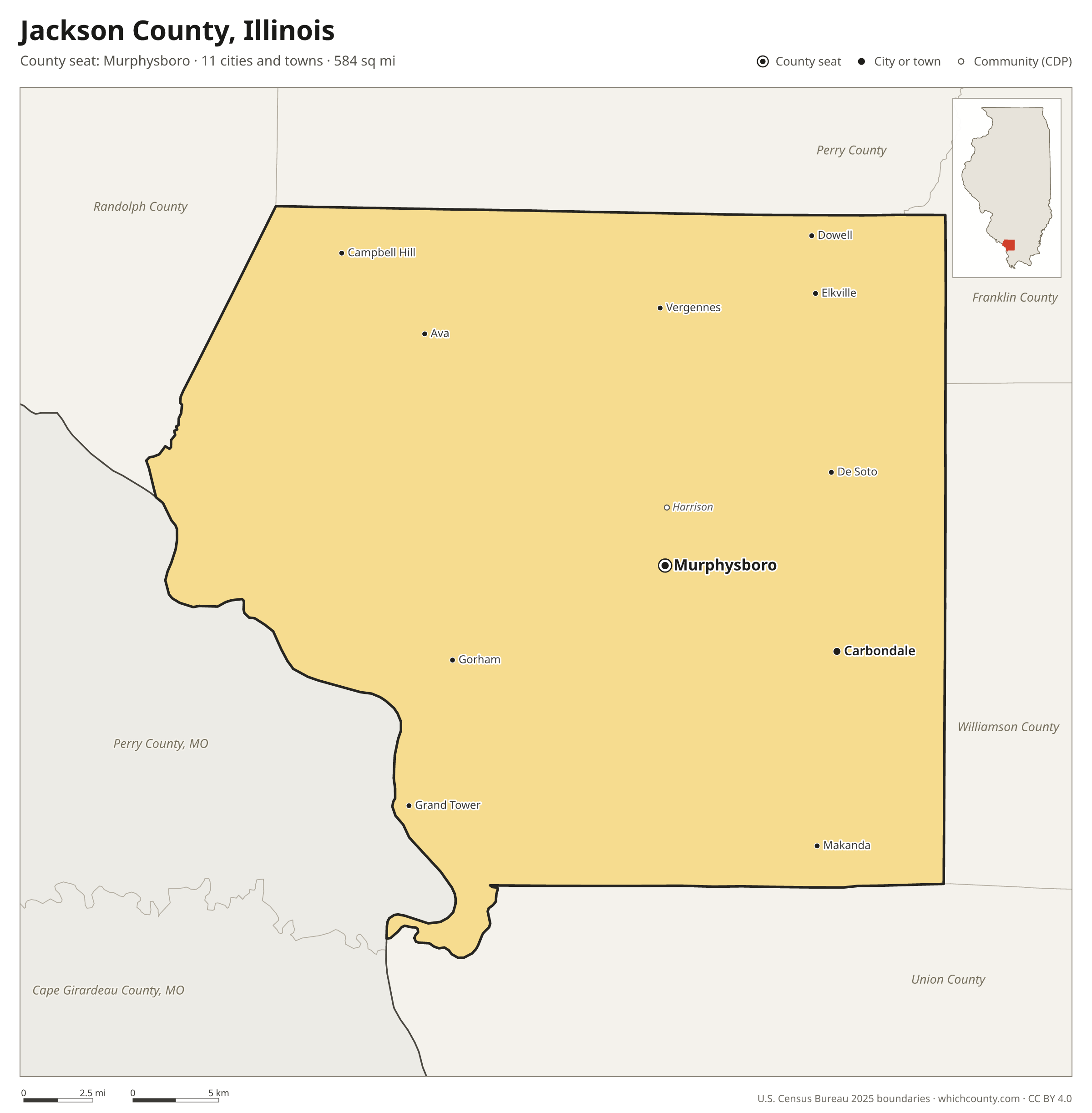 Map of Jackson County, Illinois with cities, towns and the county boundary