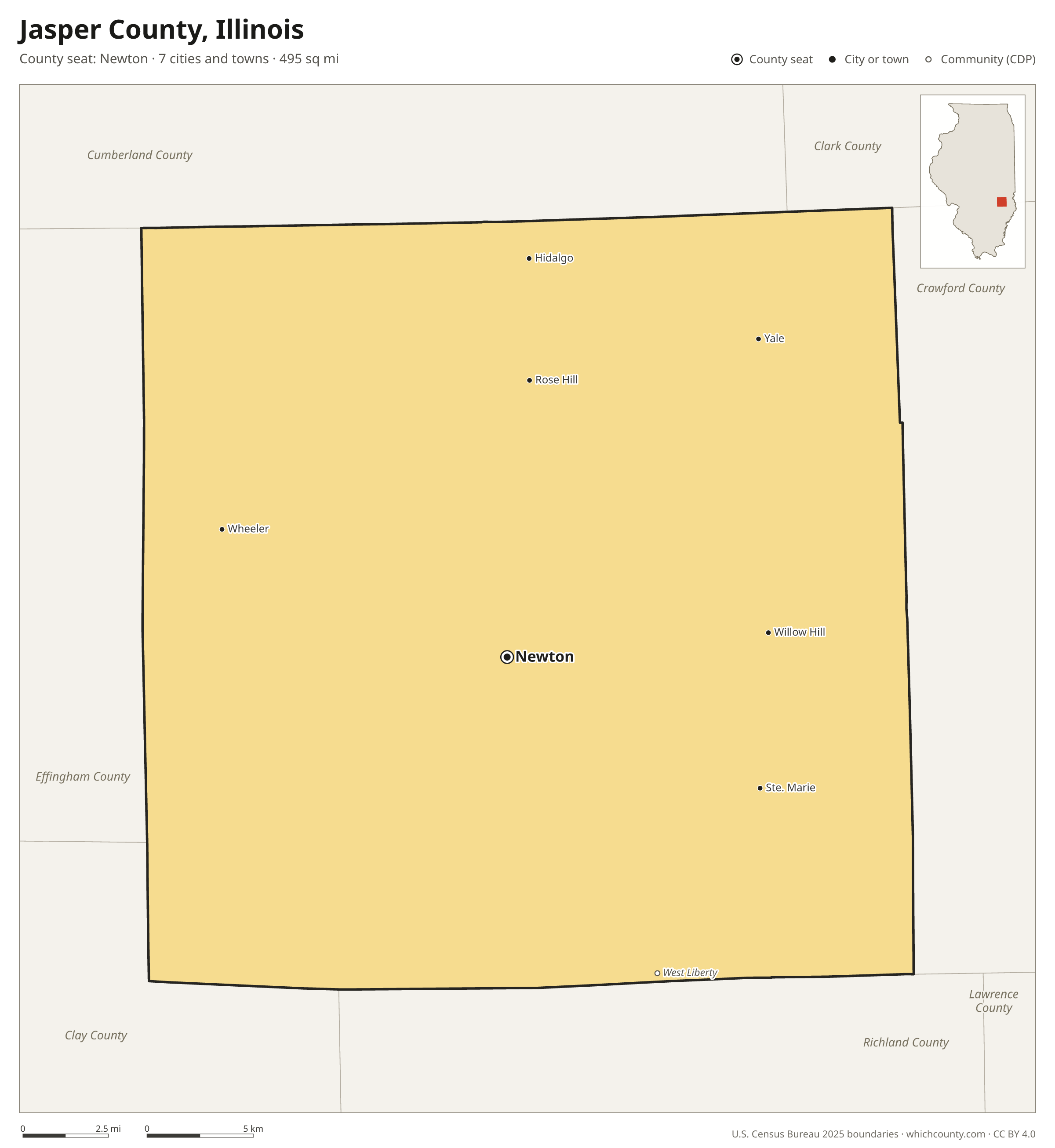 Map of Jasper County, Illinois with cities, towns and the county boundary