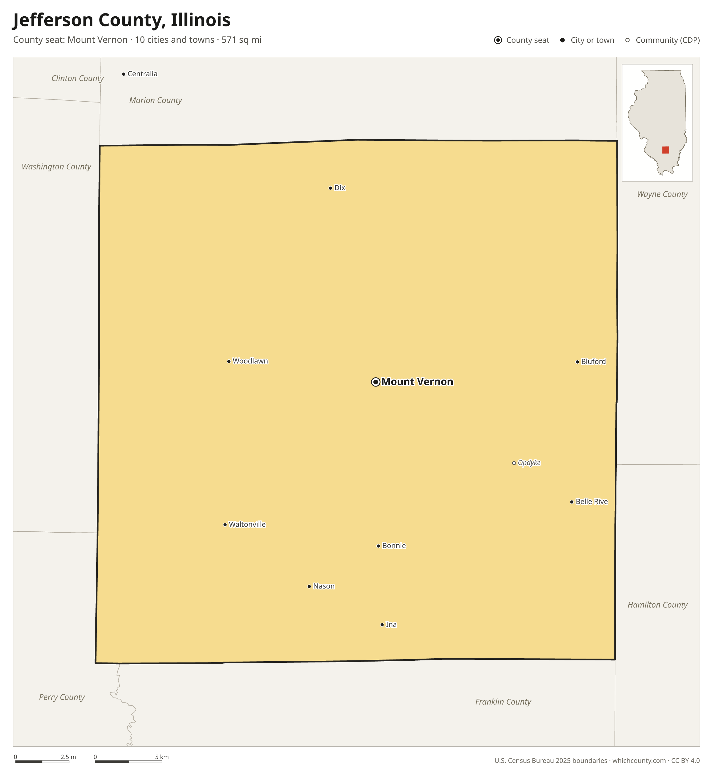 Map of Jefferson County, Illinois with cities, towns and the county boundary