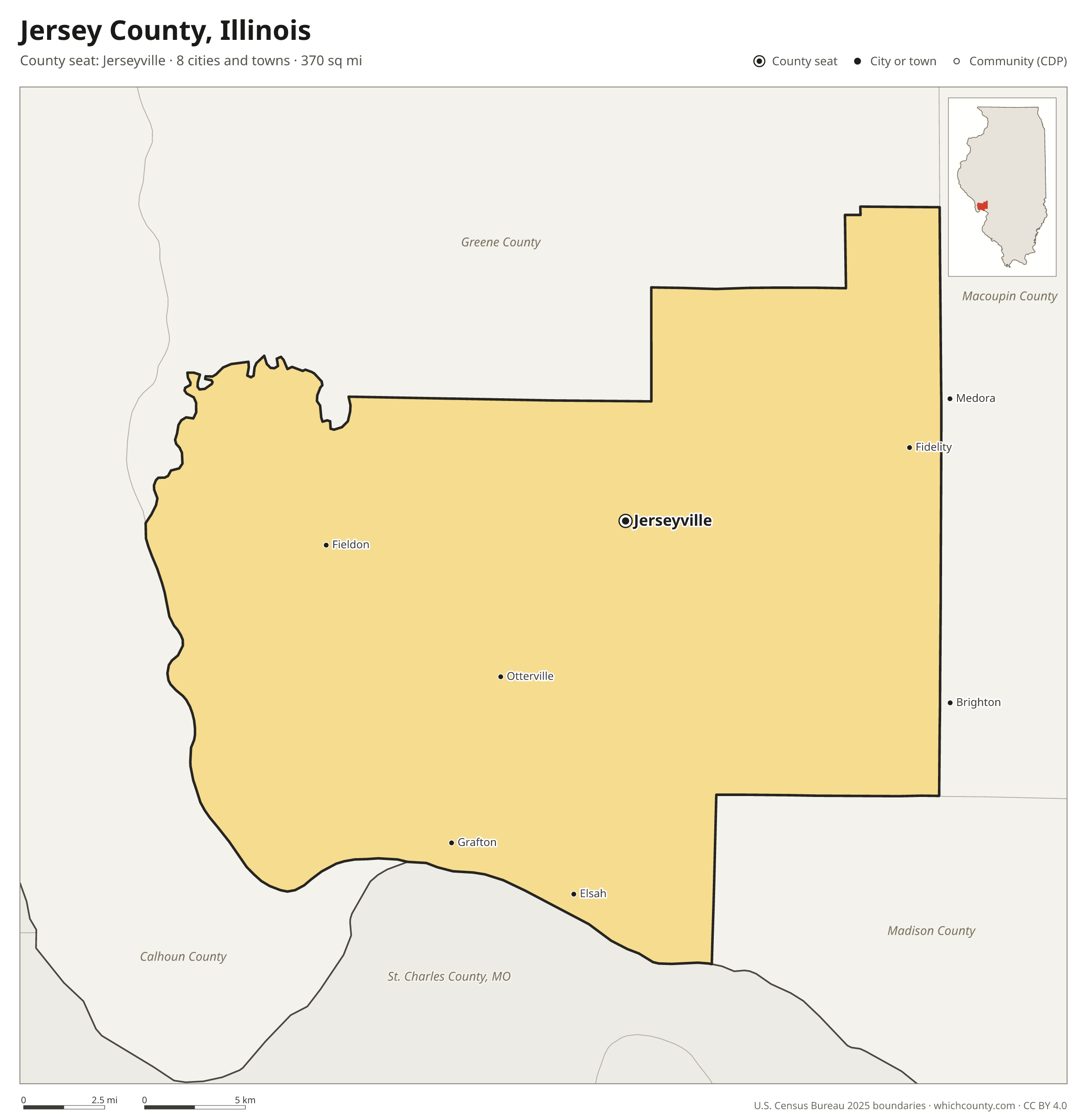 Map of Jersey County, Illinois with cities, towns and the county boundary