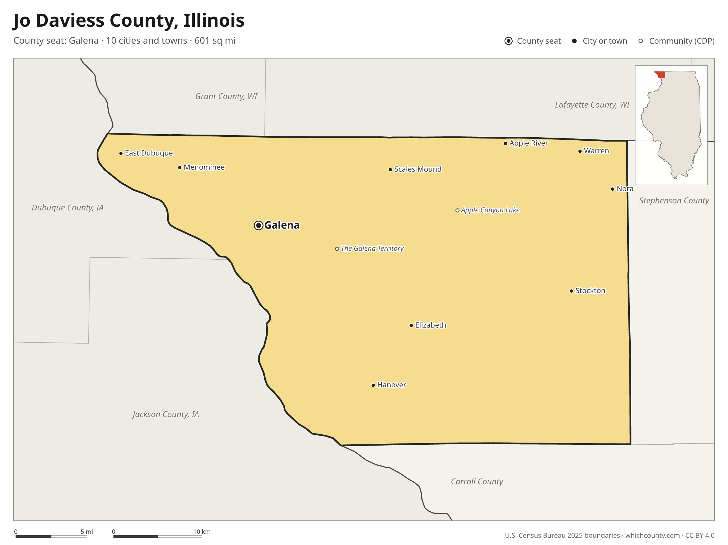 Map of Jo Daviess County, Illinois with cities, towns and the county boundary
