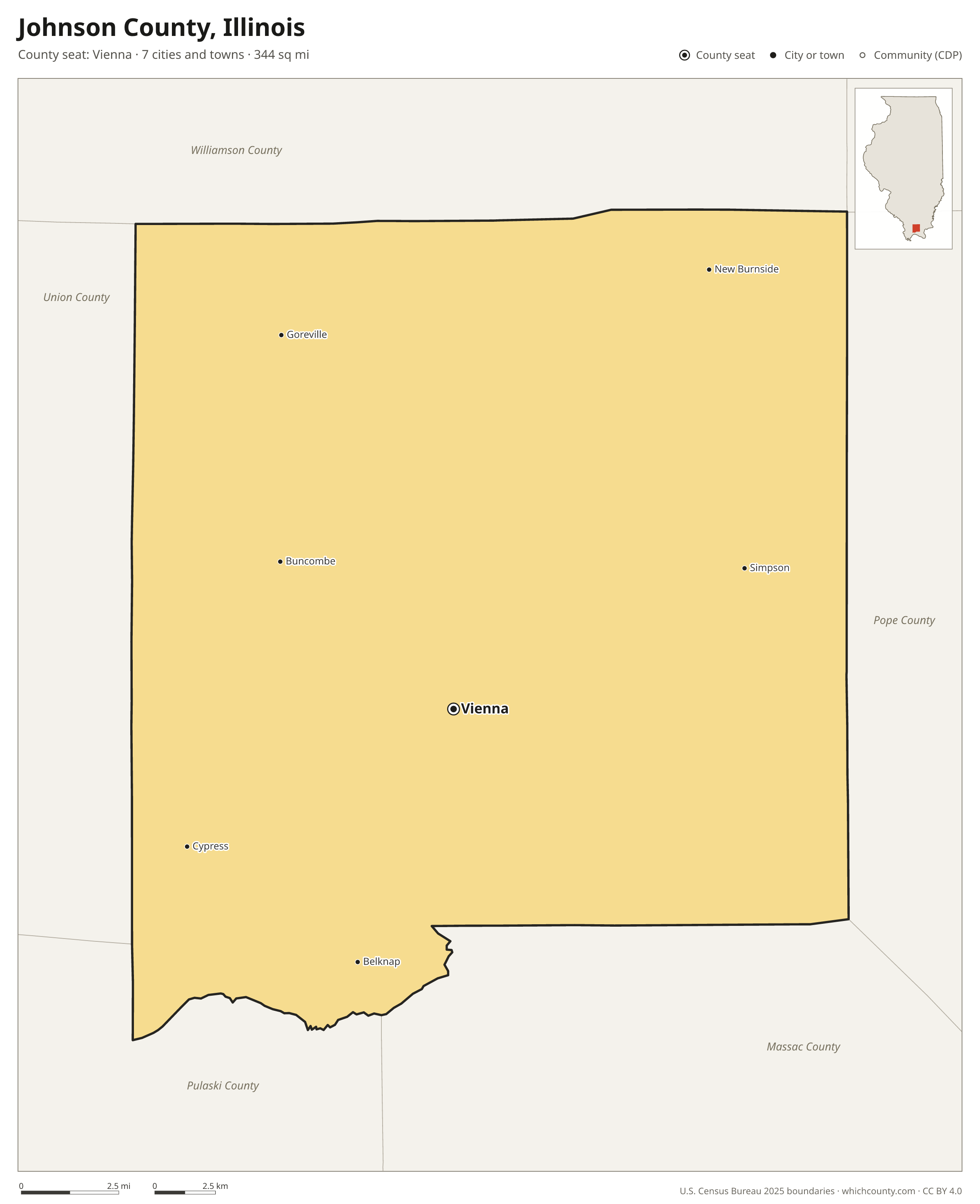 Map of Johnson County, Illinois with cities, towns and the county boundary