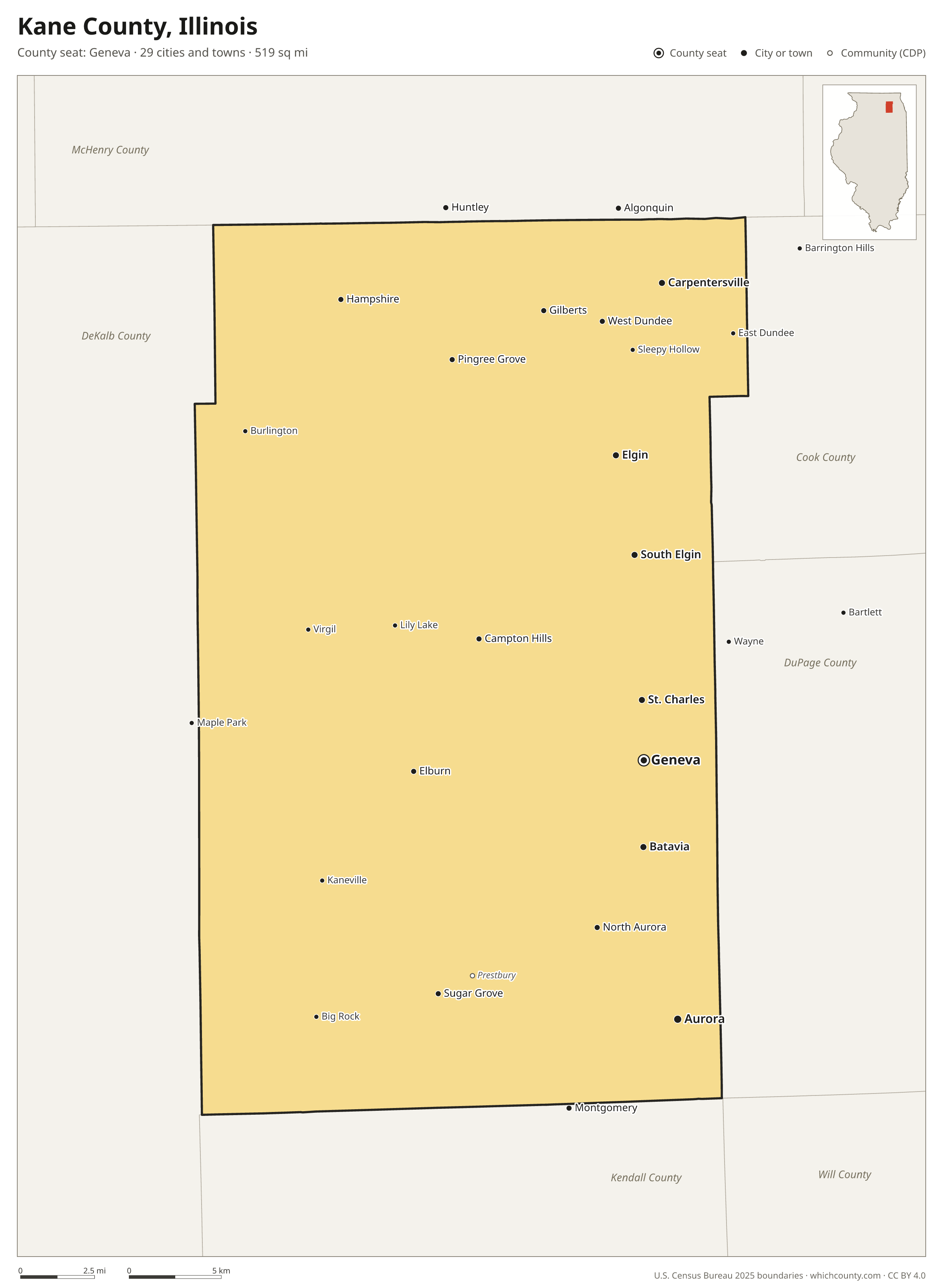 Map of Kane County, Illinois with cities, towns and the county boundary