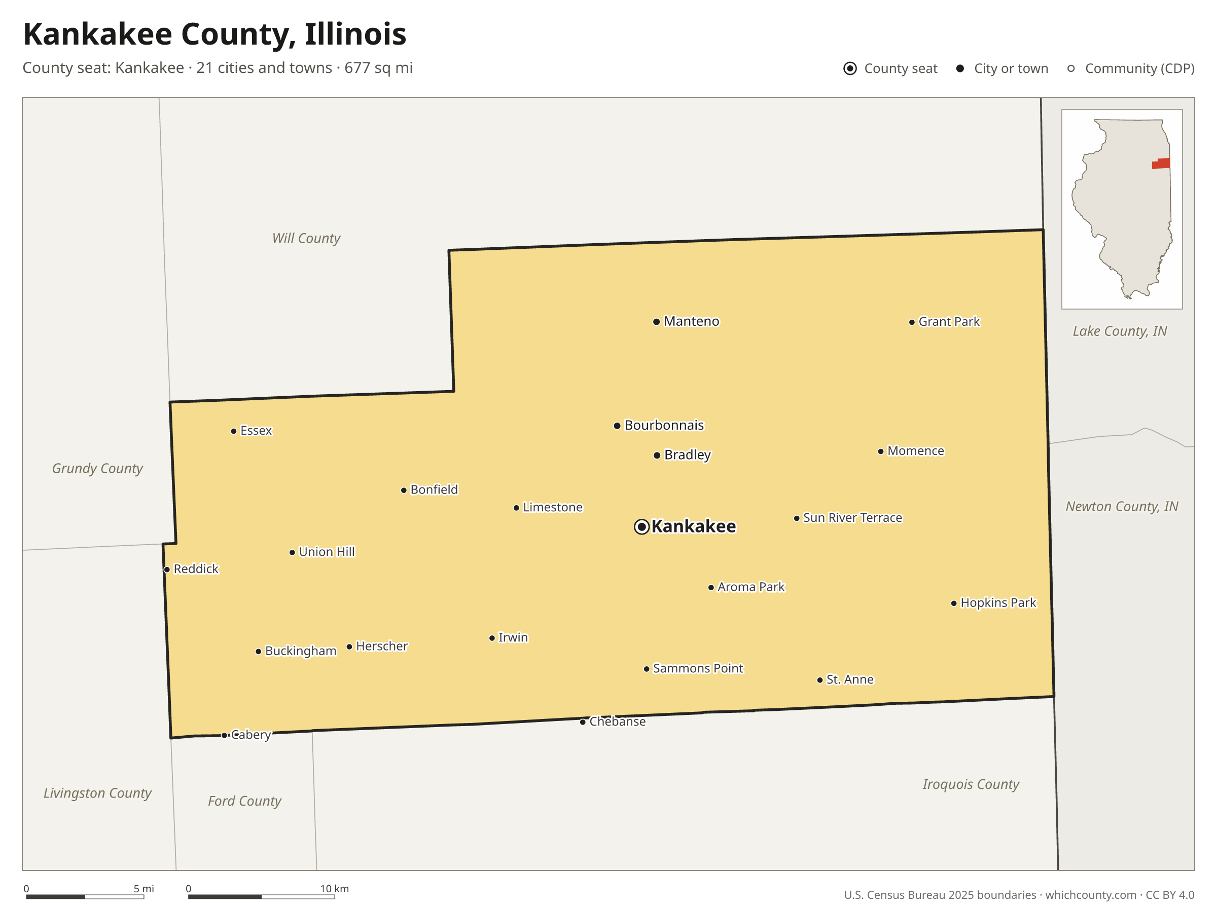 Map of Kankakee County, Illinois with cities, towns and the county boundary