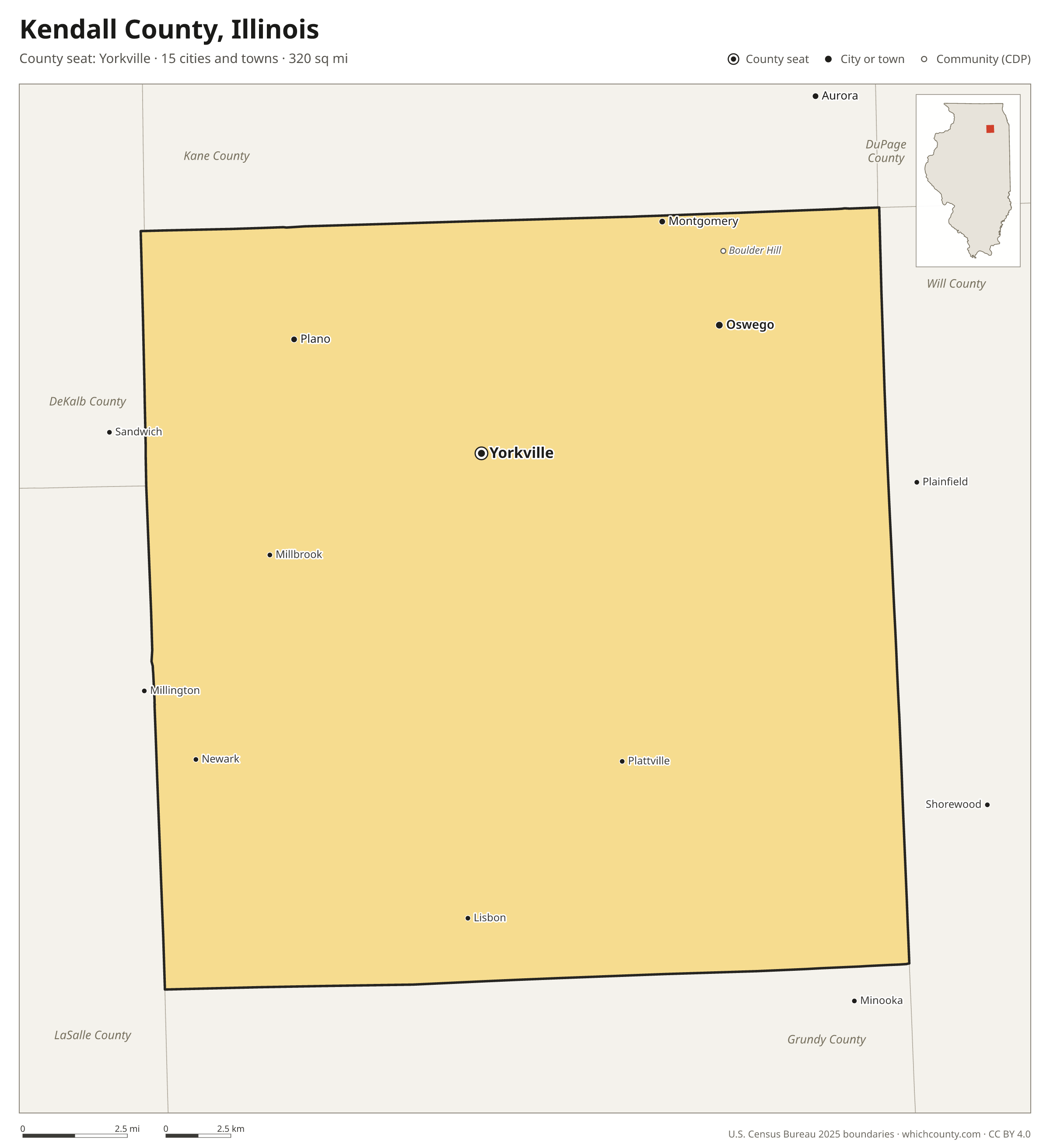 Map of Kendall County, Illinois with cities, towns and the county boundary