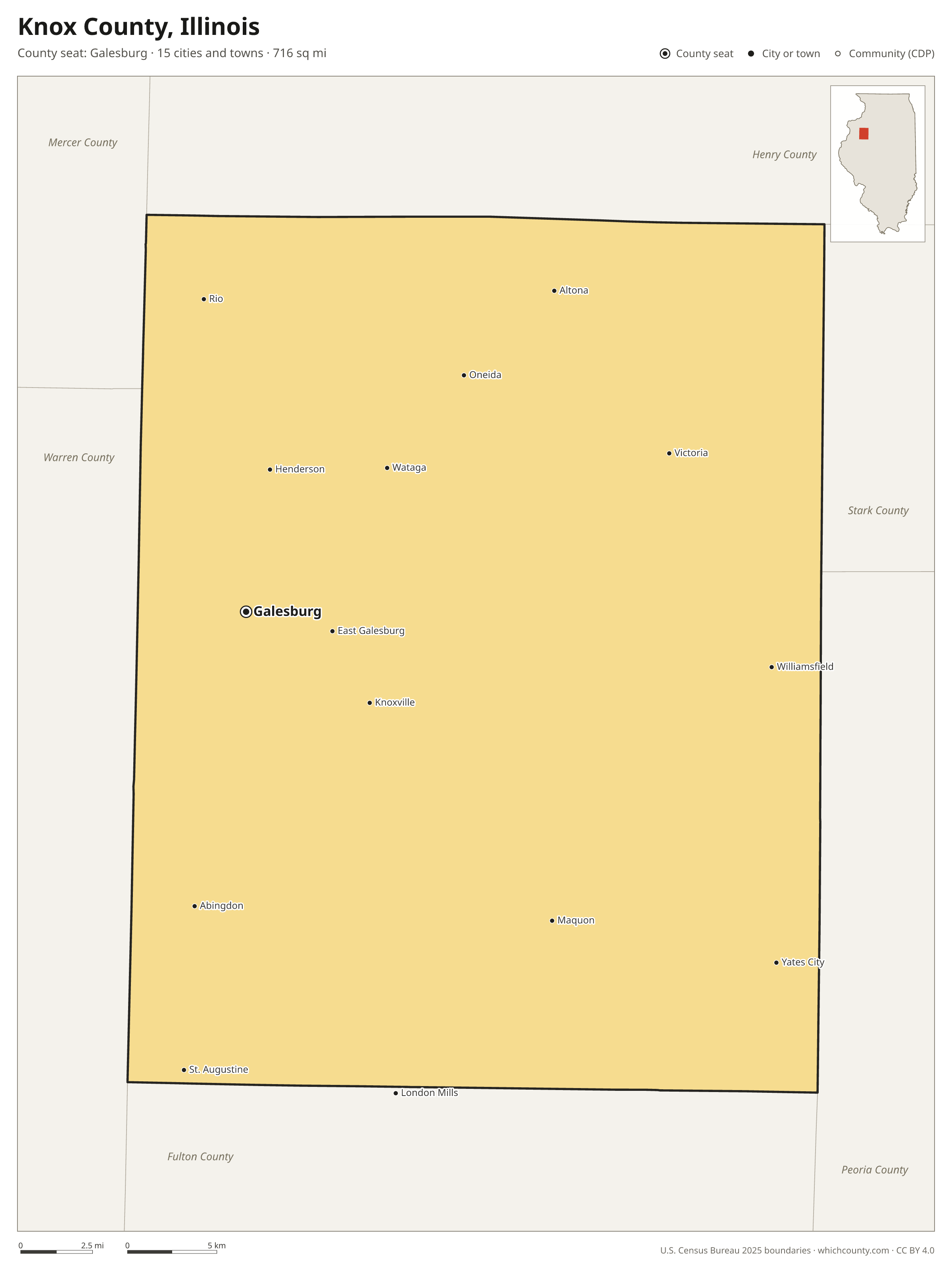 Map of Knox County, Illinois with cities, towns and the county boundary