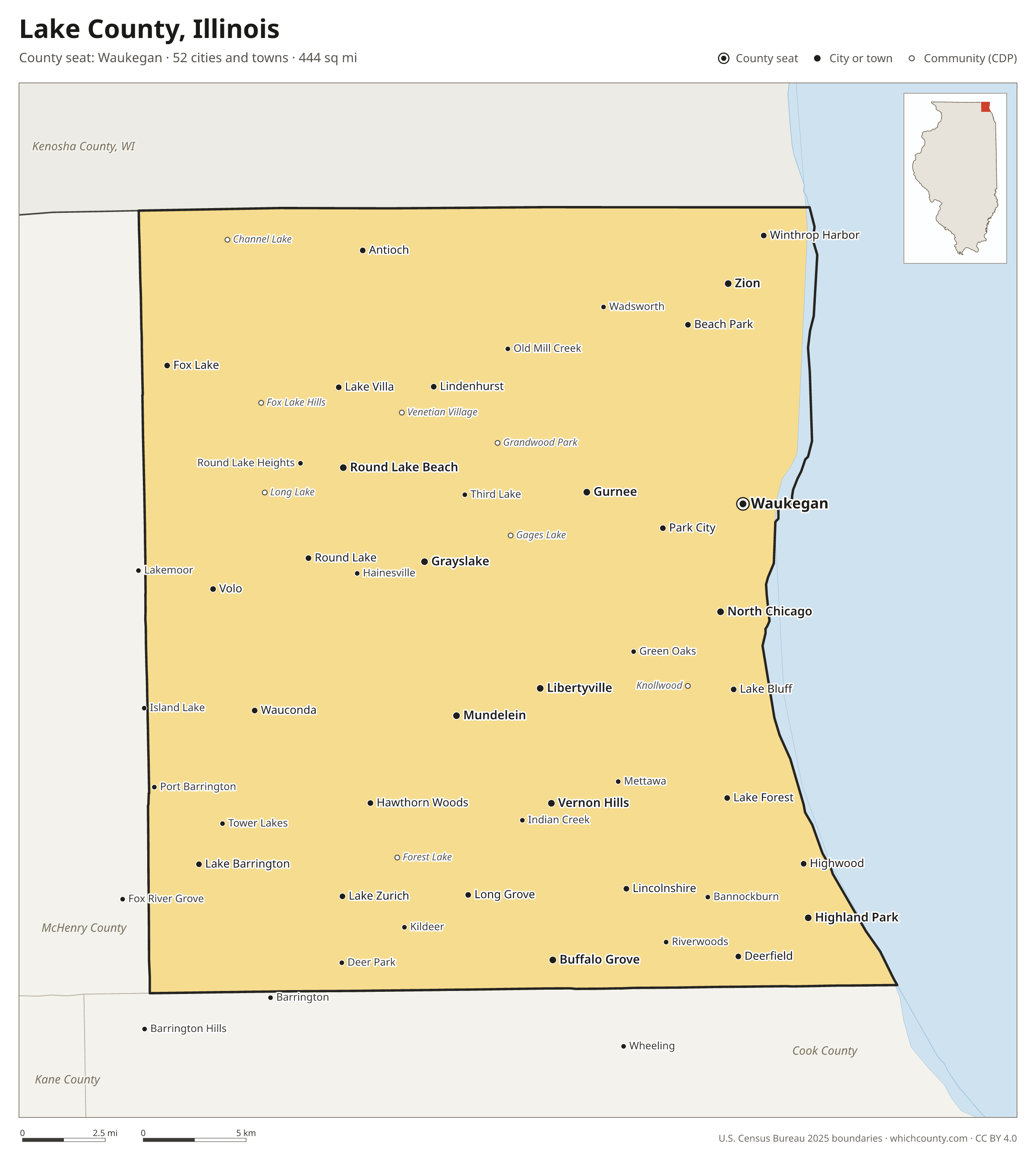 Map of Lake County, Illinois with cities, towns and the county boundary