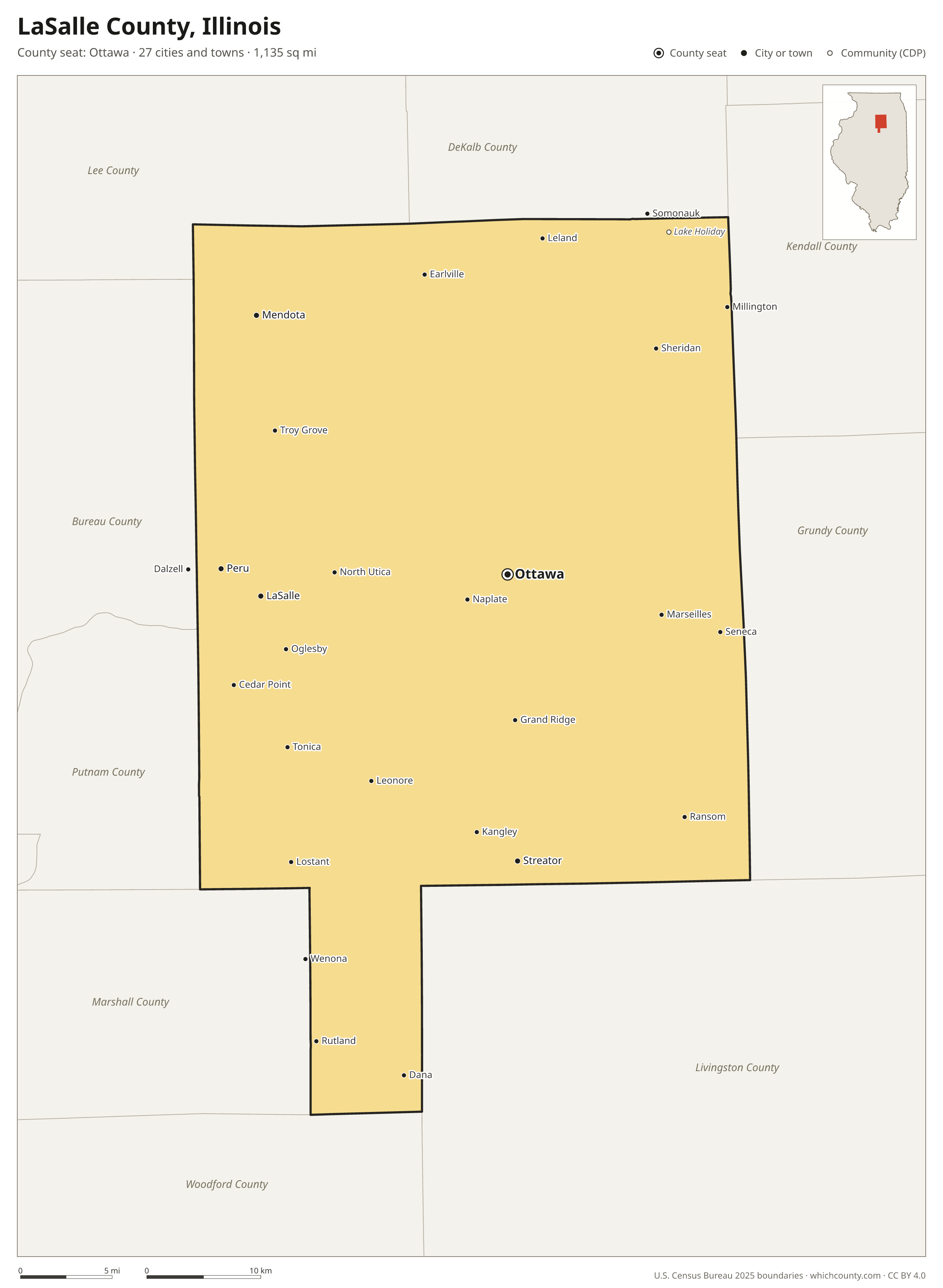 Map of LaSalle County, Illinois with cities, towns and the county boundary
