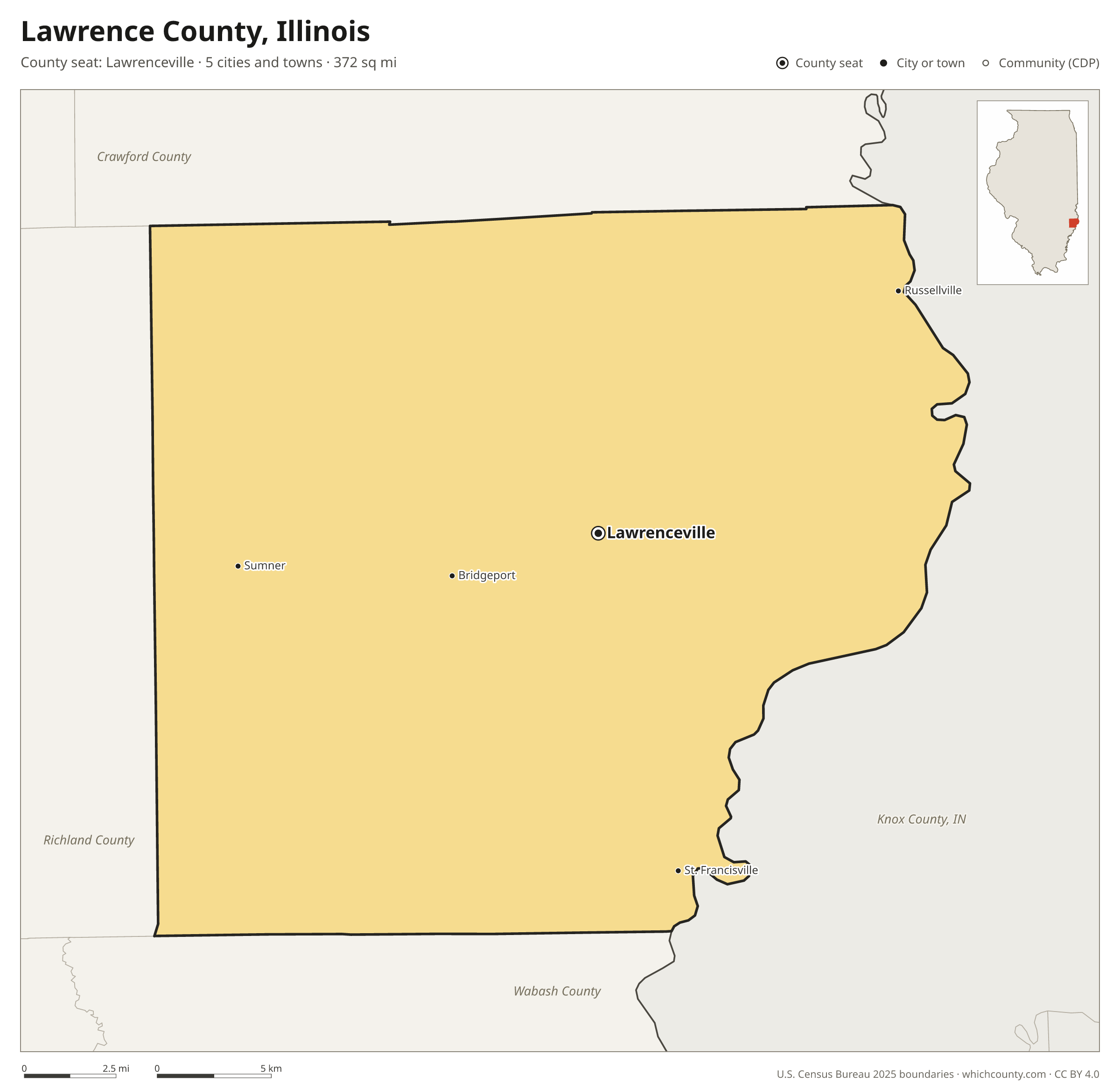 Map of Lawrence County, Illinois with cities, towns and the county boundary