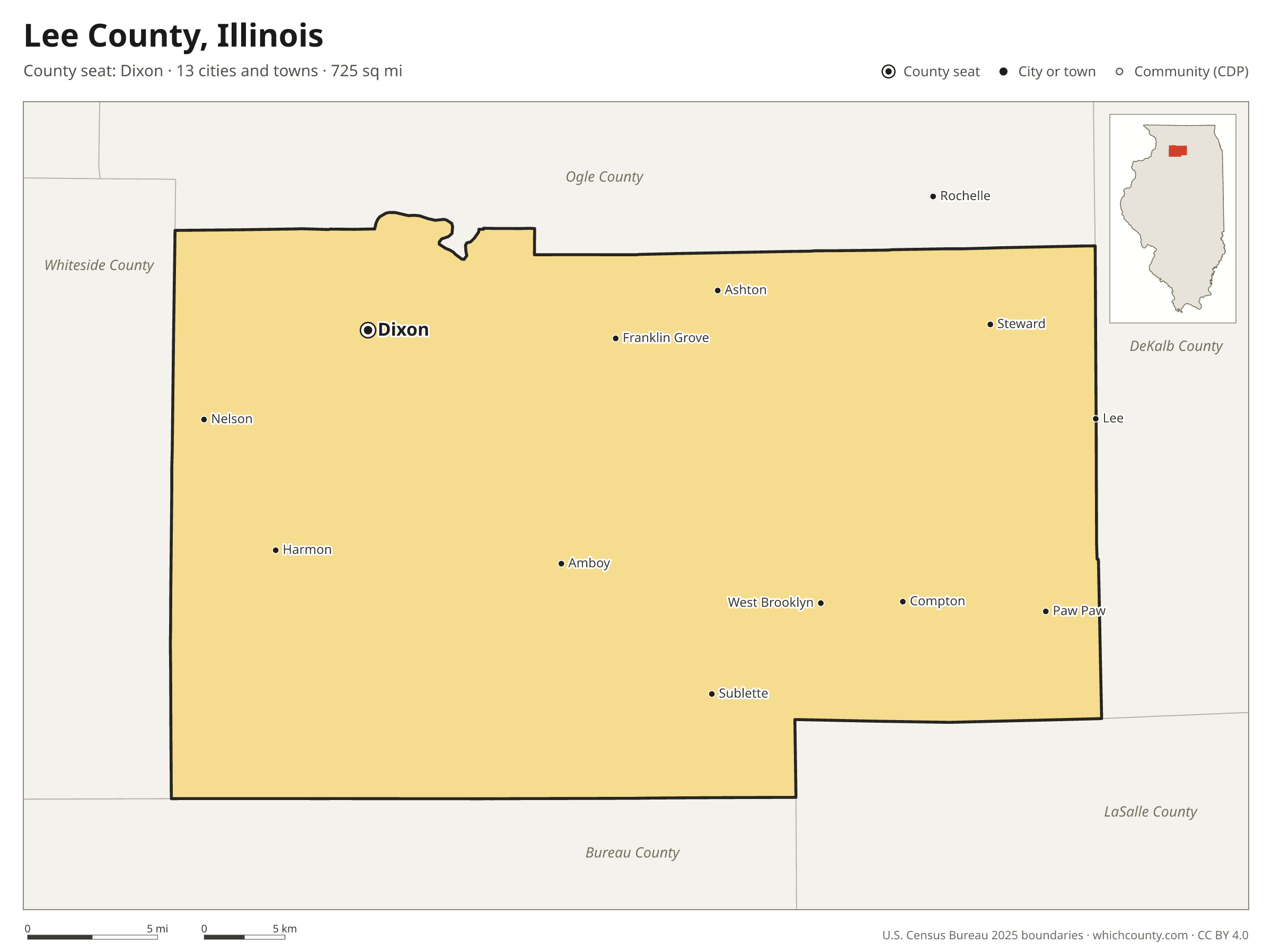 Map of Lee County, Illinois with cities, towns and the county boundary