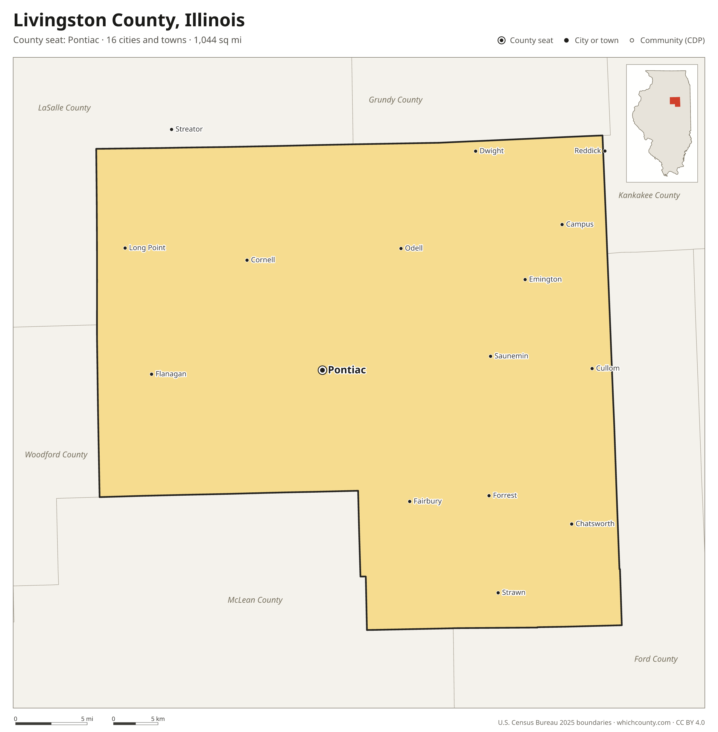 Map of Livingston County, Illinois with cities, towns and the county boundary