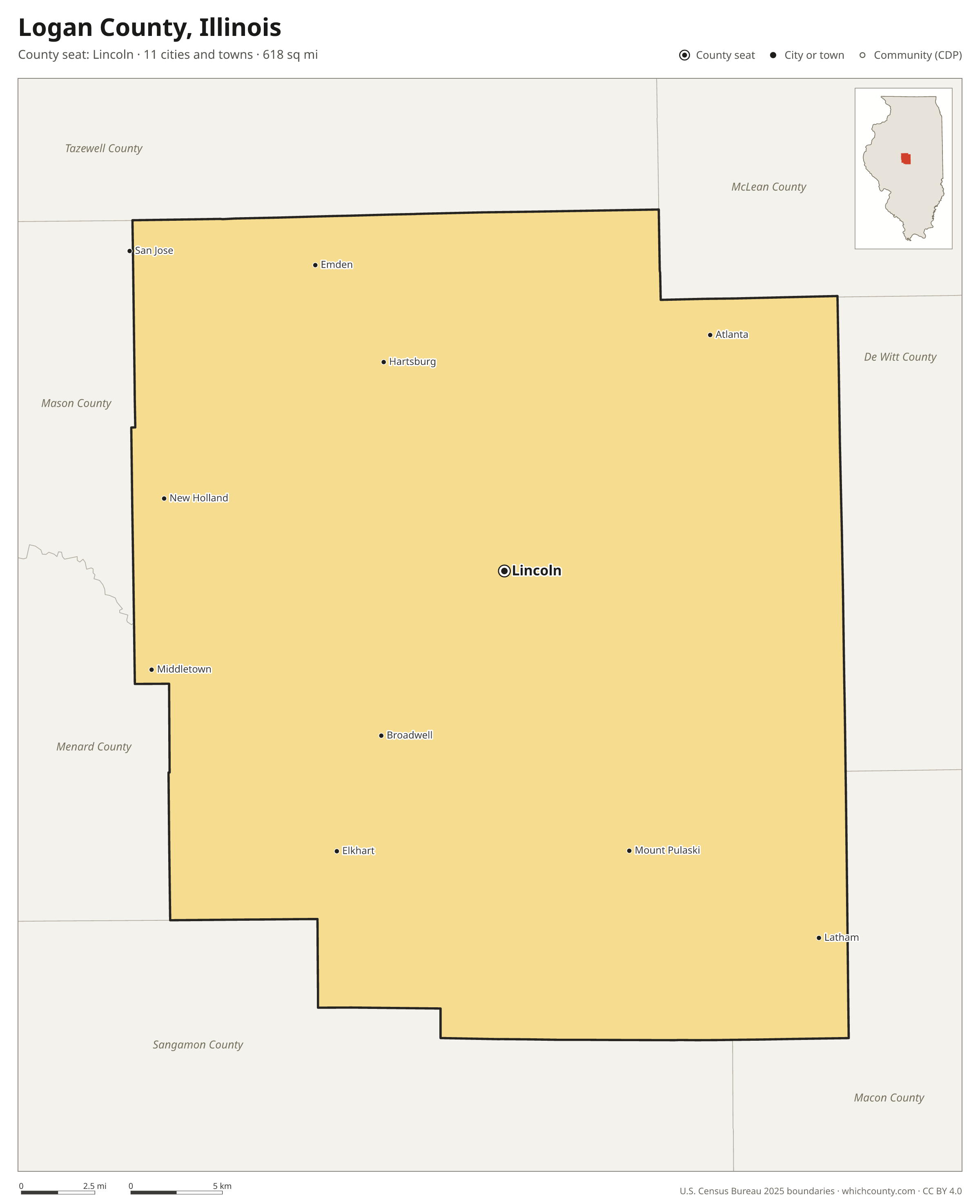 Map of Logan County, Illinois with cities, towns and the county boundary