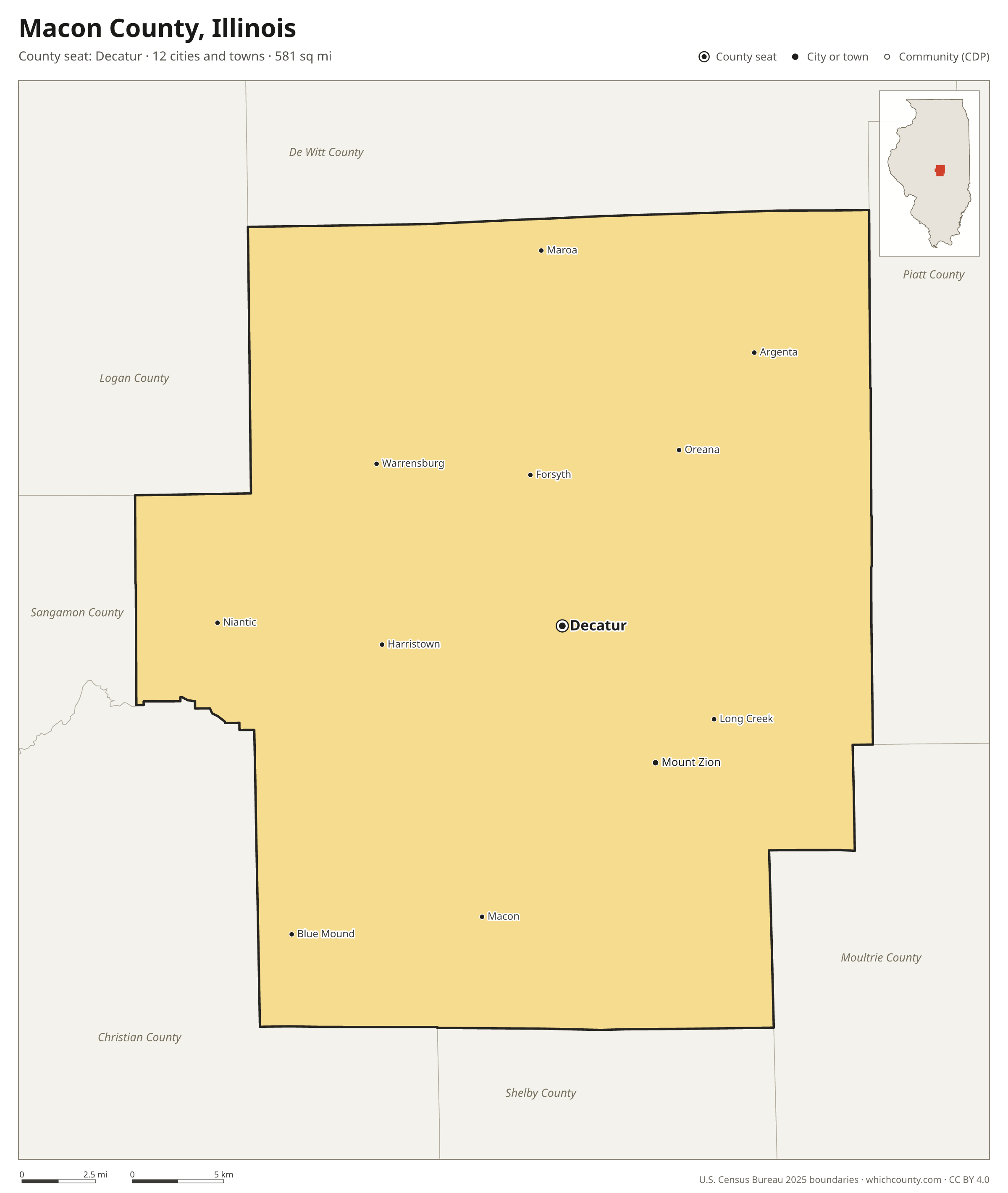 Map of Macon County, Illinois with cities, towns and the county boundary