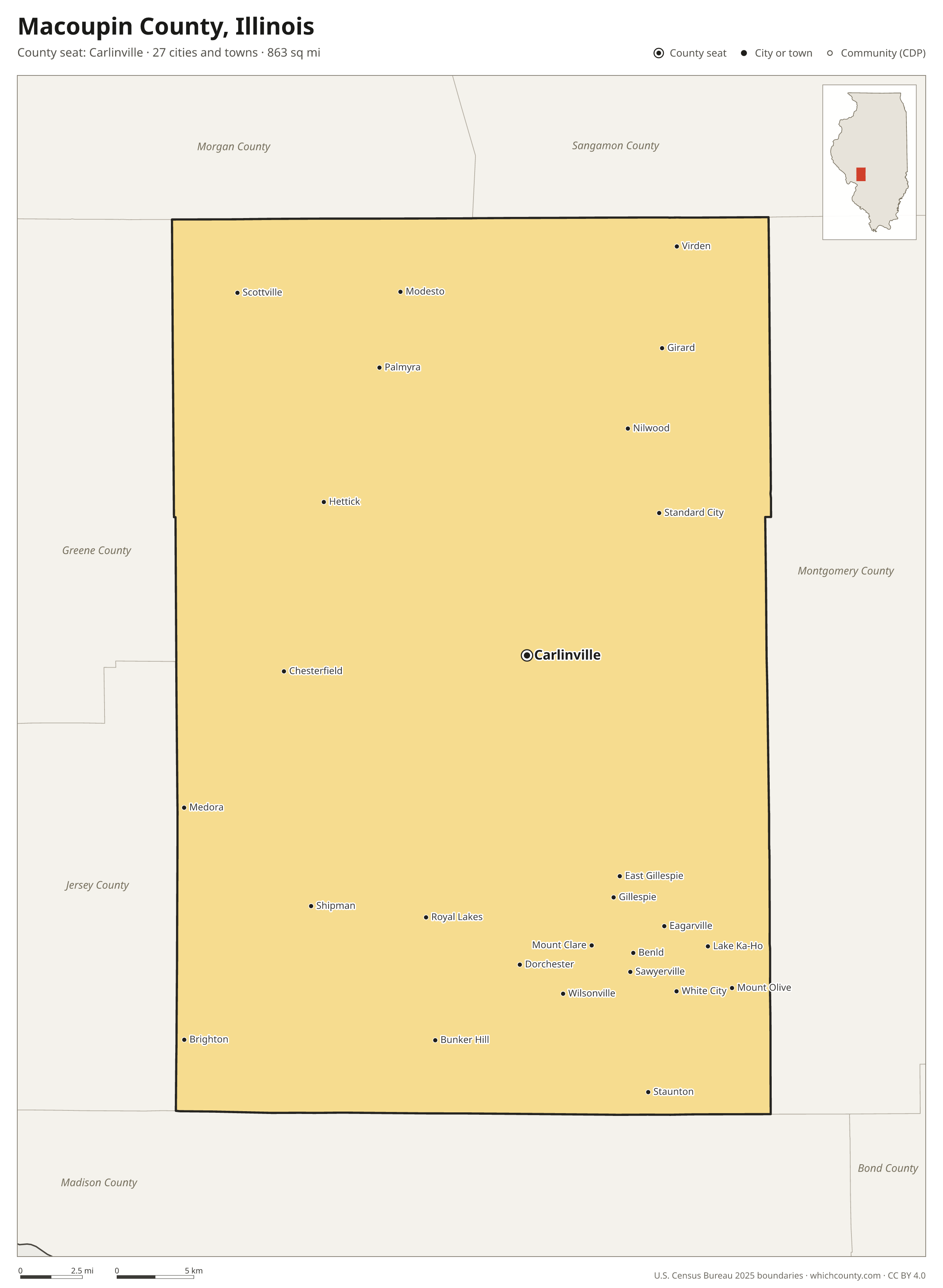 Map of Macoupin County, Illinois with cities, towns and the county boundary