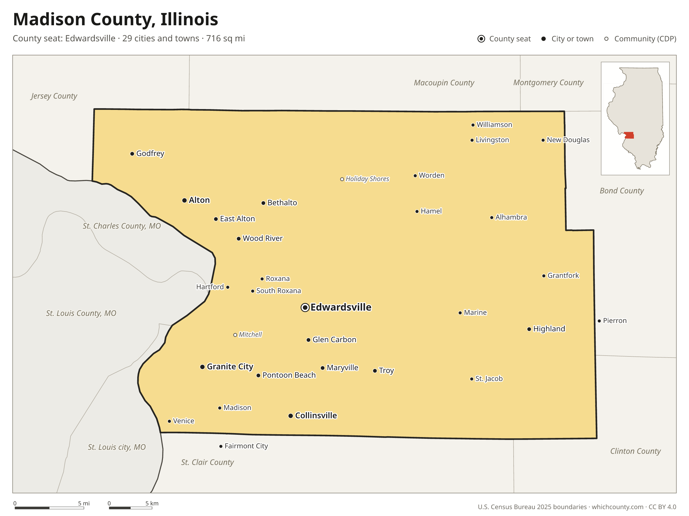 Map of Madison County, Illinois with cities, towns and the county boundary