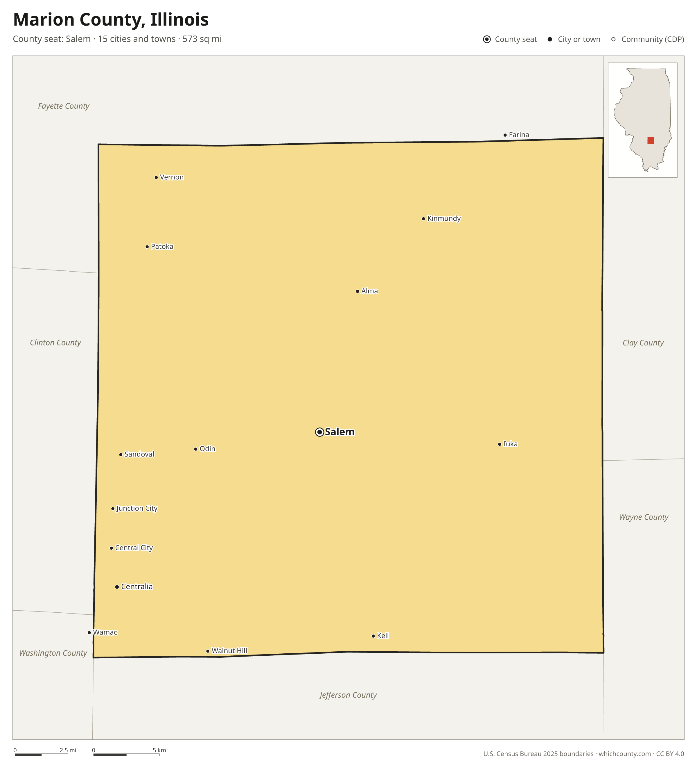 Map of Marion County, Illinois with cities, towns and the county boundary