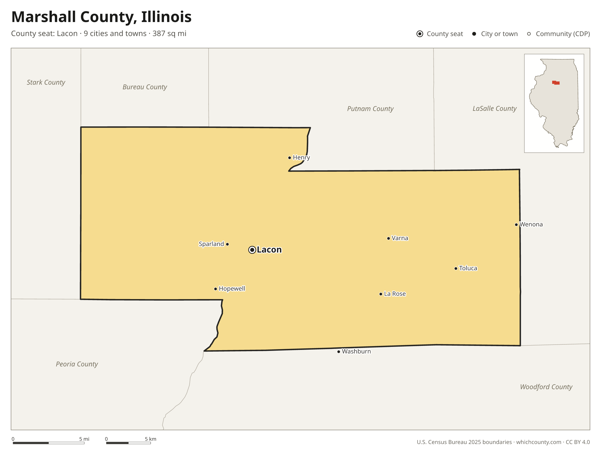 Map of Marshall County, Illinois with cities, towns and the county boundary