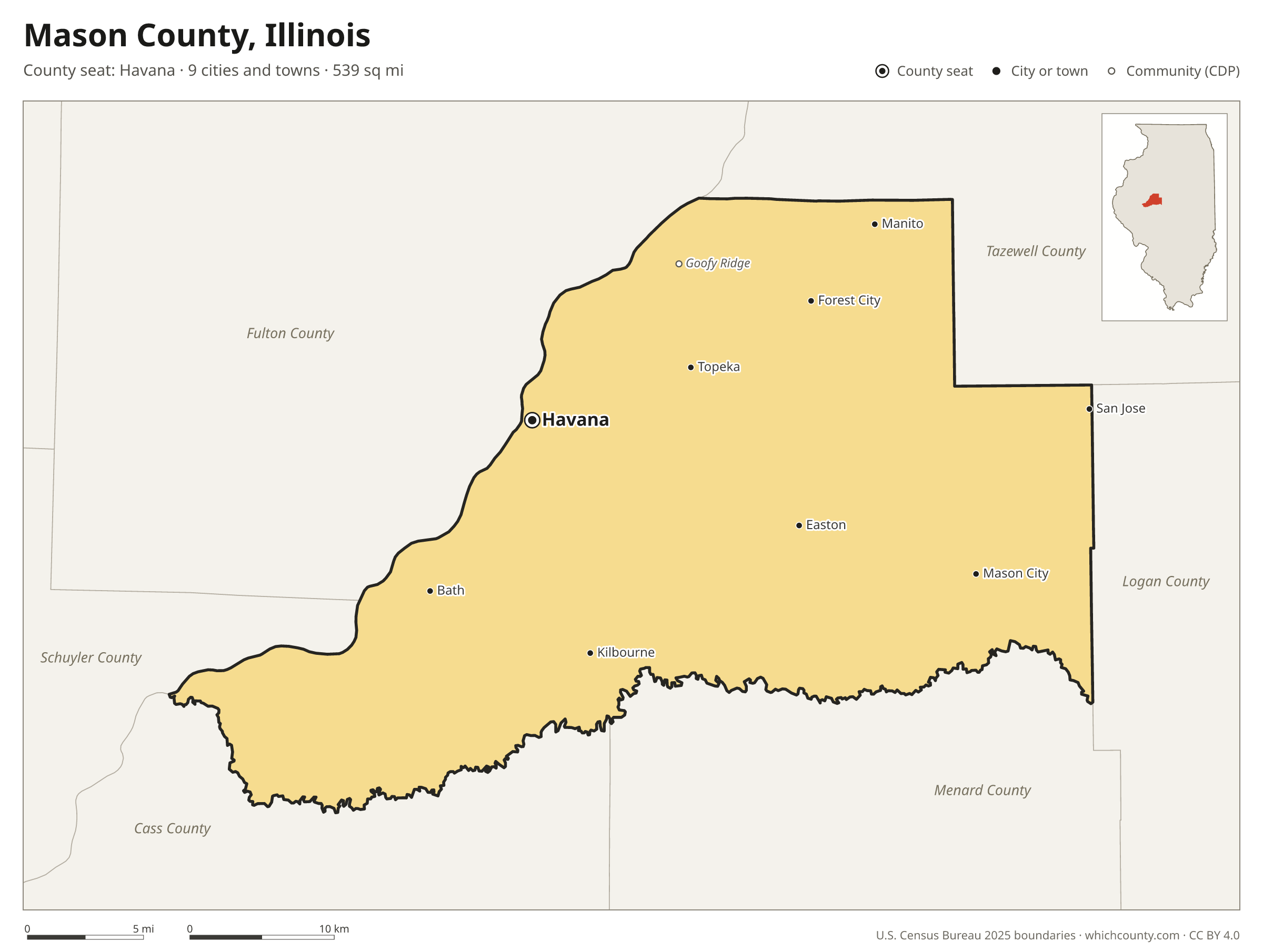 Map of Mason County, Illinois with cities, towns and the county boundary