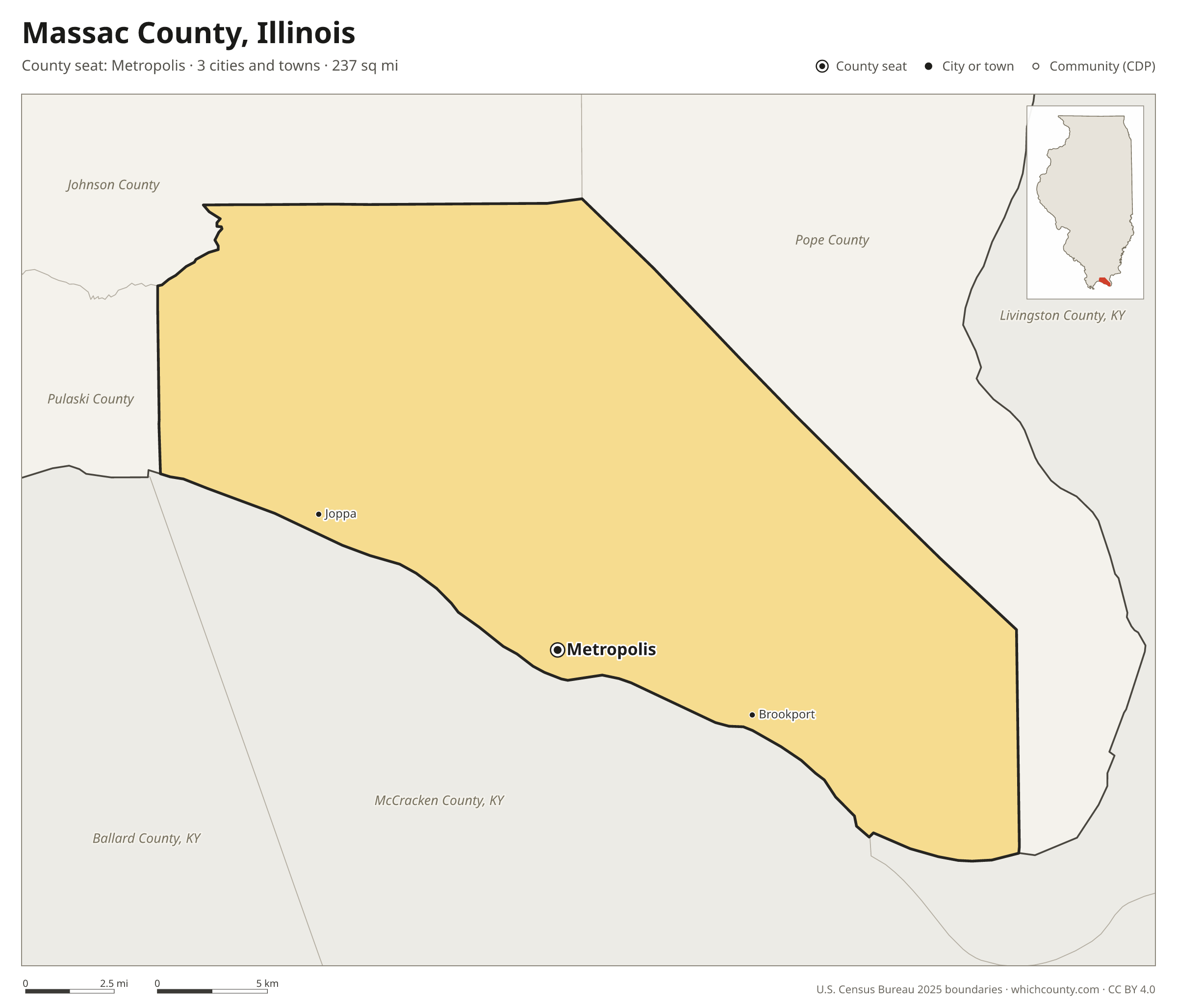 Map of Massac County, Illinois with cities, towns and the county boundary