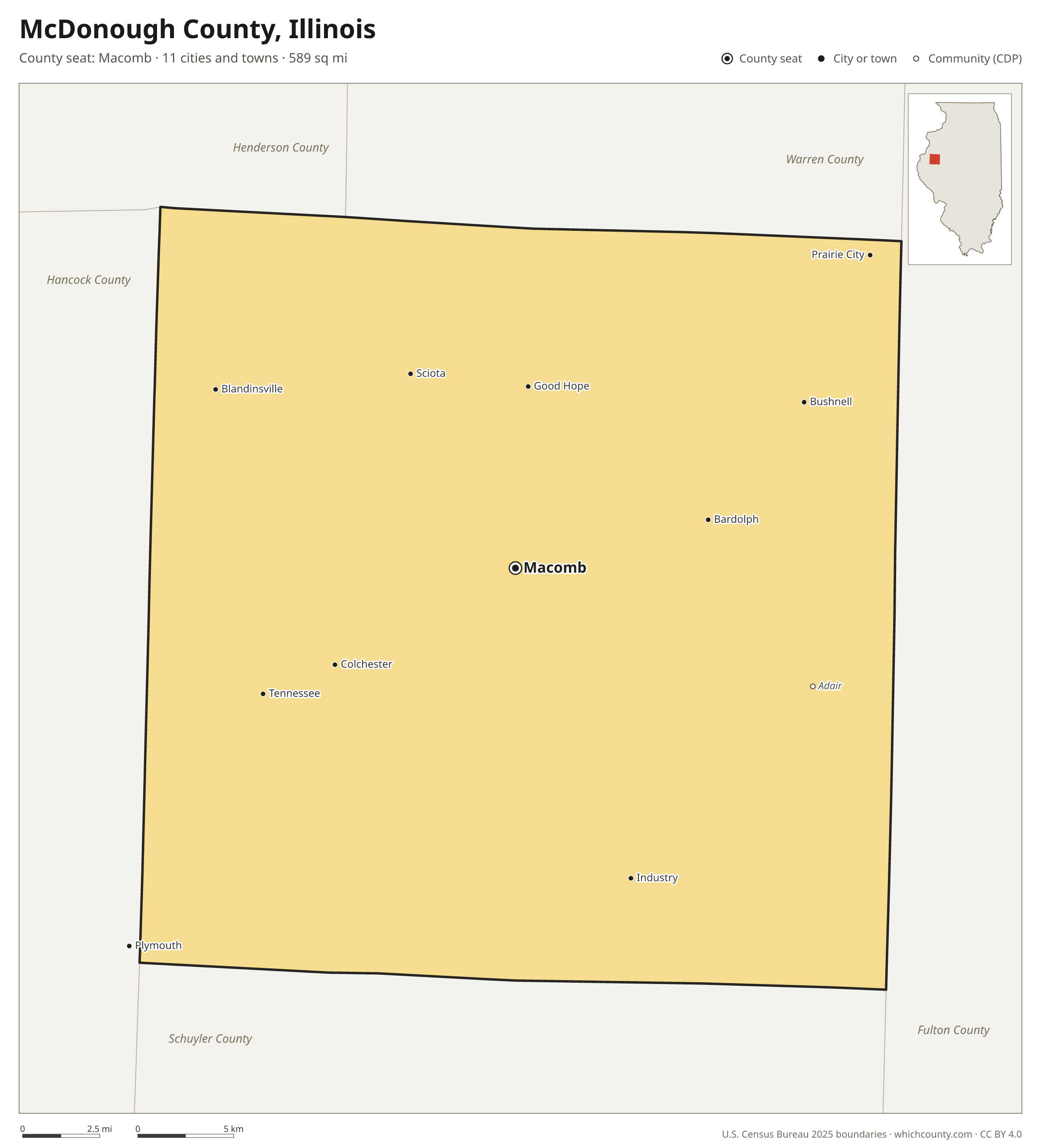 Map of McDonough County, Illinois with cities, towns and the county boundary