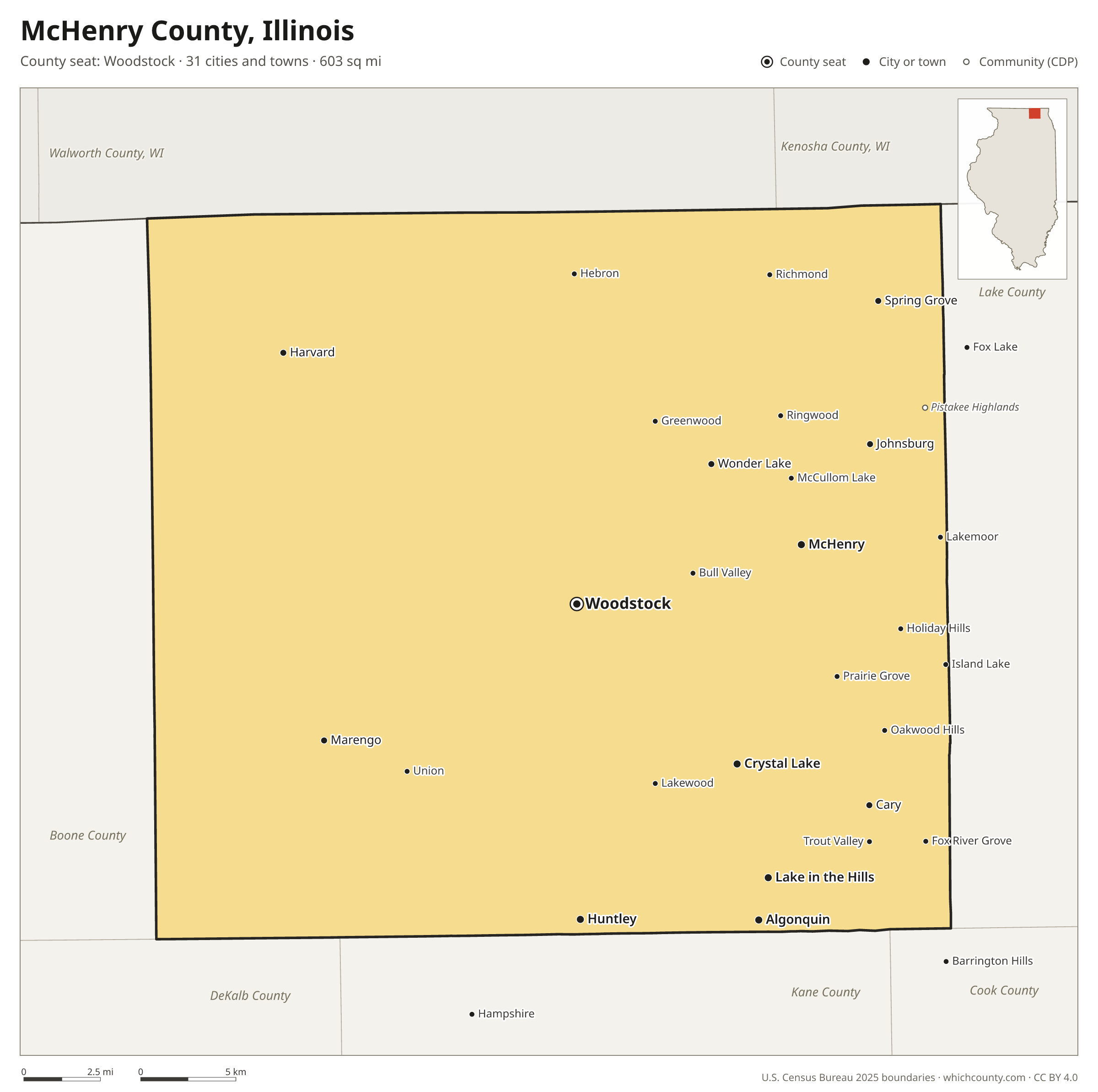 Map of McHenry County, Illinois with cities, towns and the county boundary