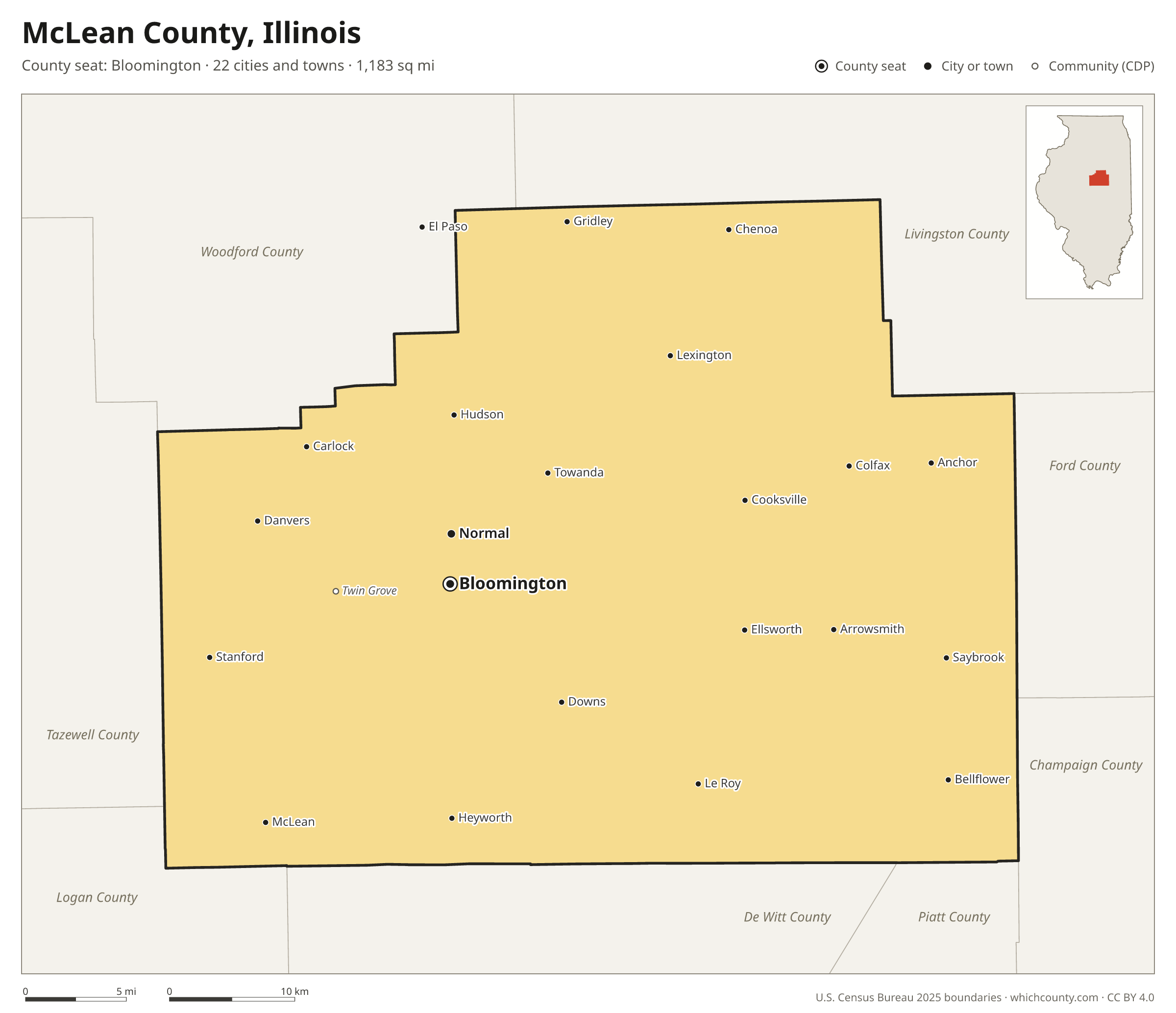 Map of McLean County, Illinois with cities, towns and the county boundary