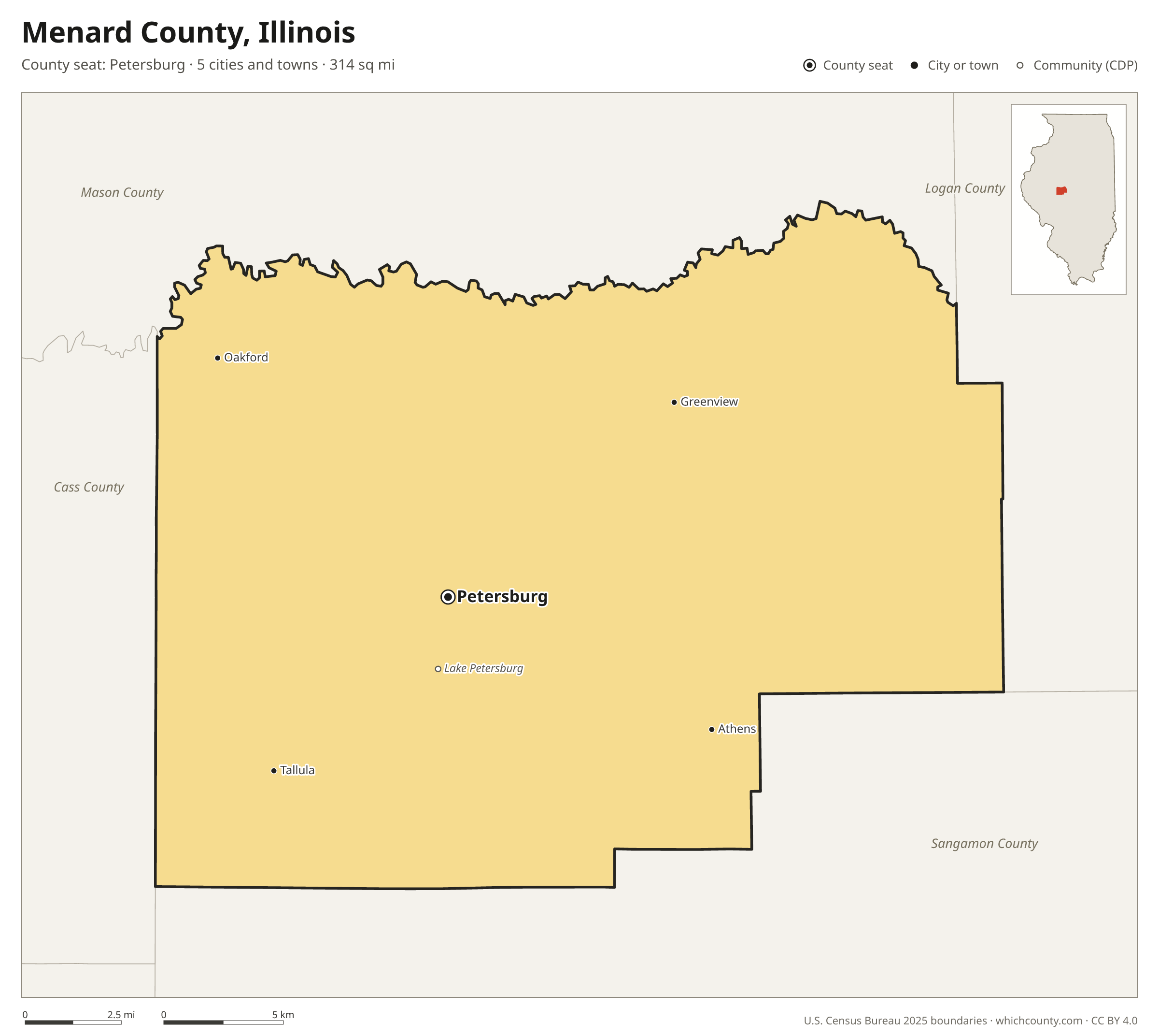 Map of Menard County, Illinois with cities, towns and the county boundary