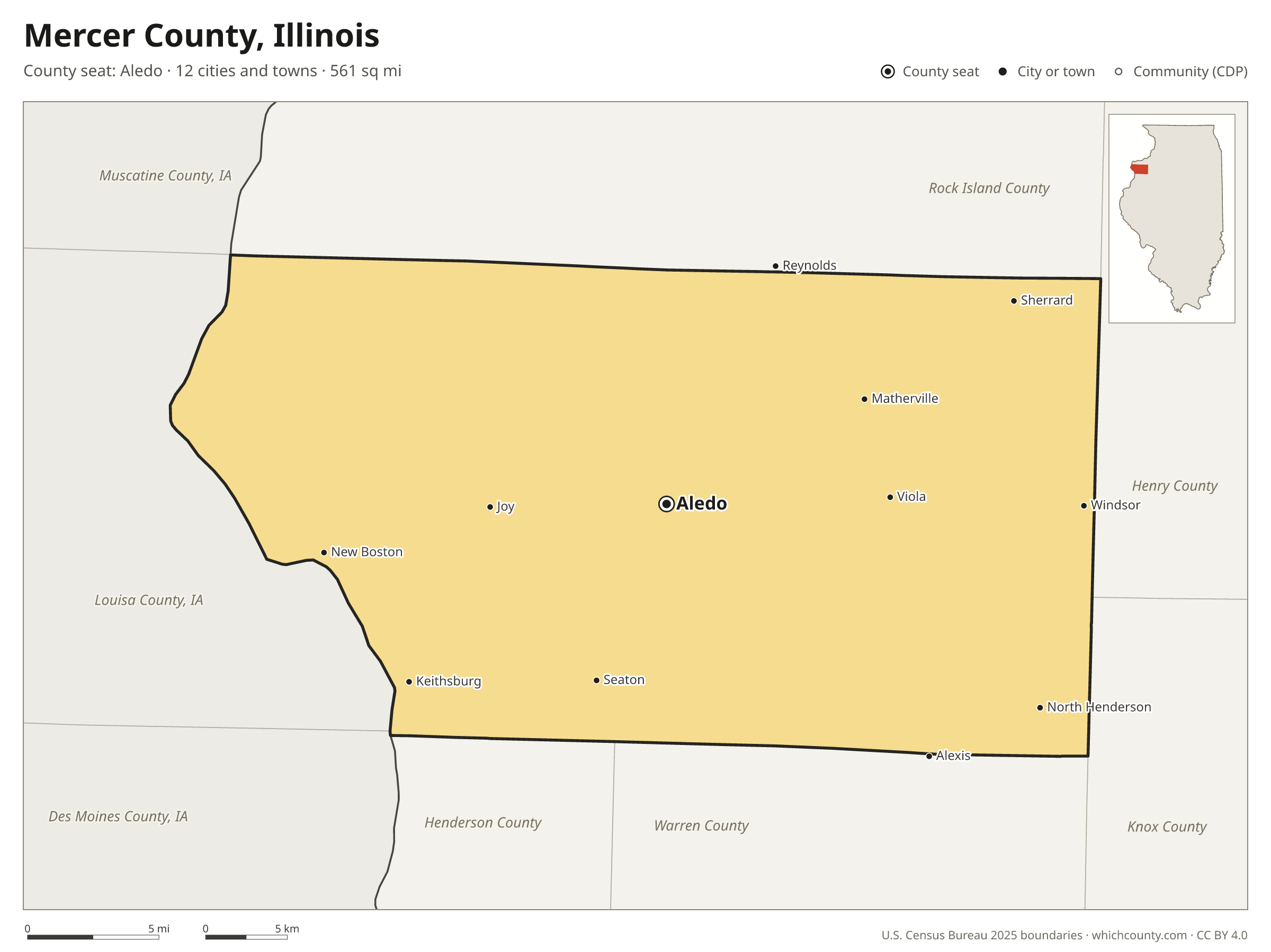 Map of Mercer County, Illinois with cities, towns and the county boundary