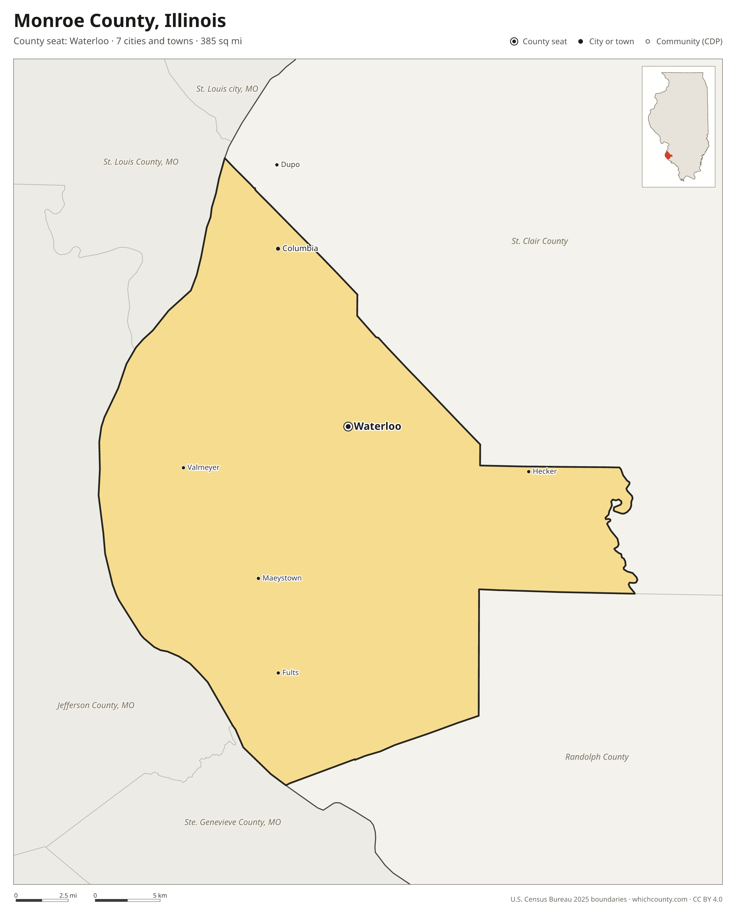 Map of Monroe County, Illinois with cities, towns and the county boundary