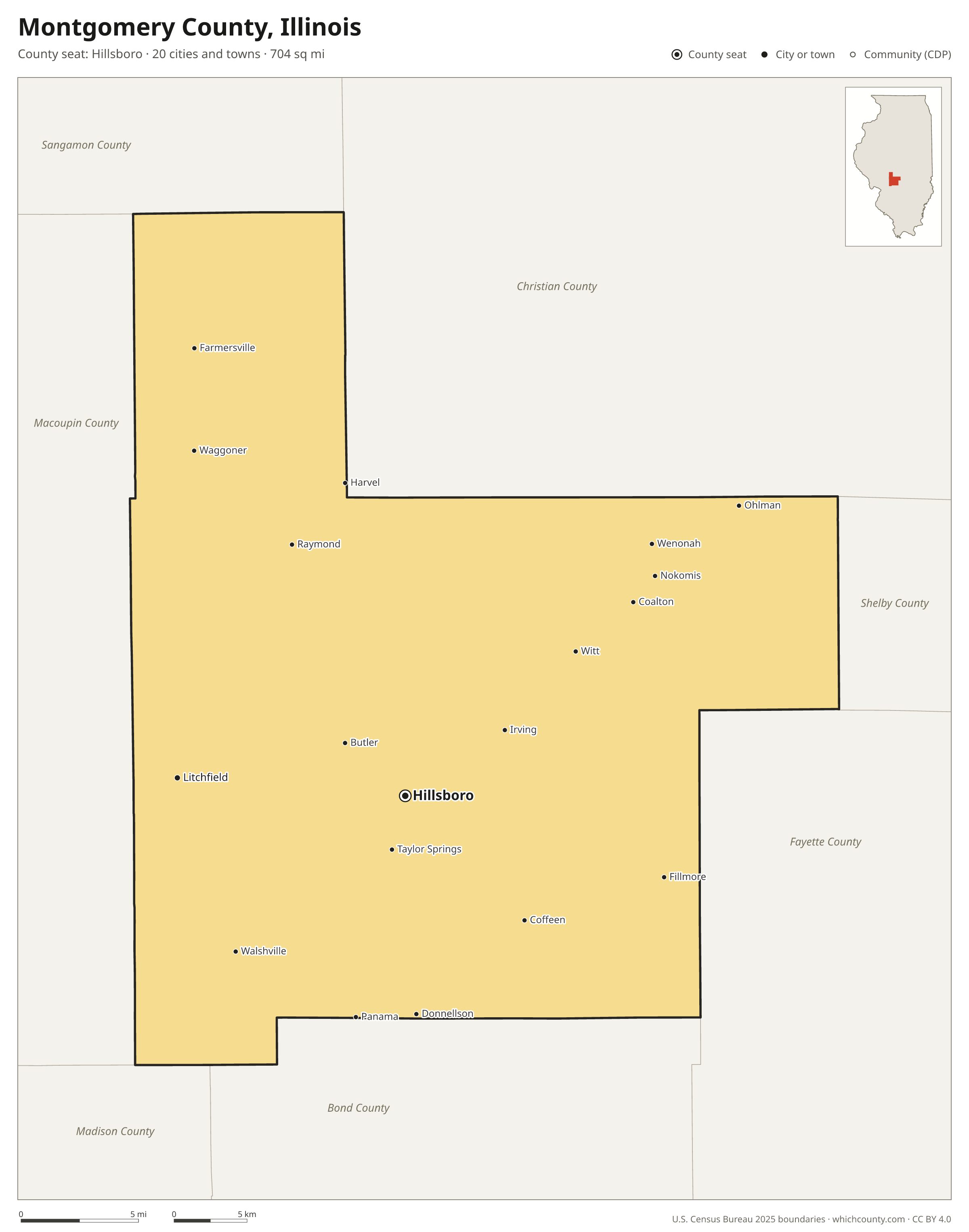 Map of Montgomery County, Illinois with cities, towns and the county boundary