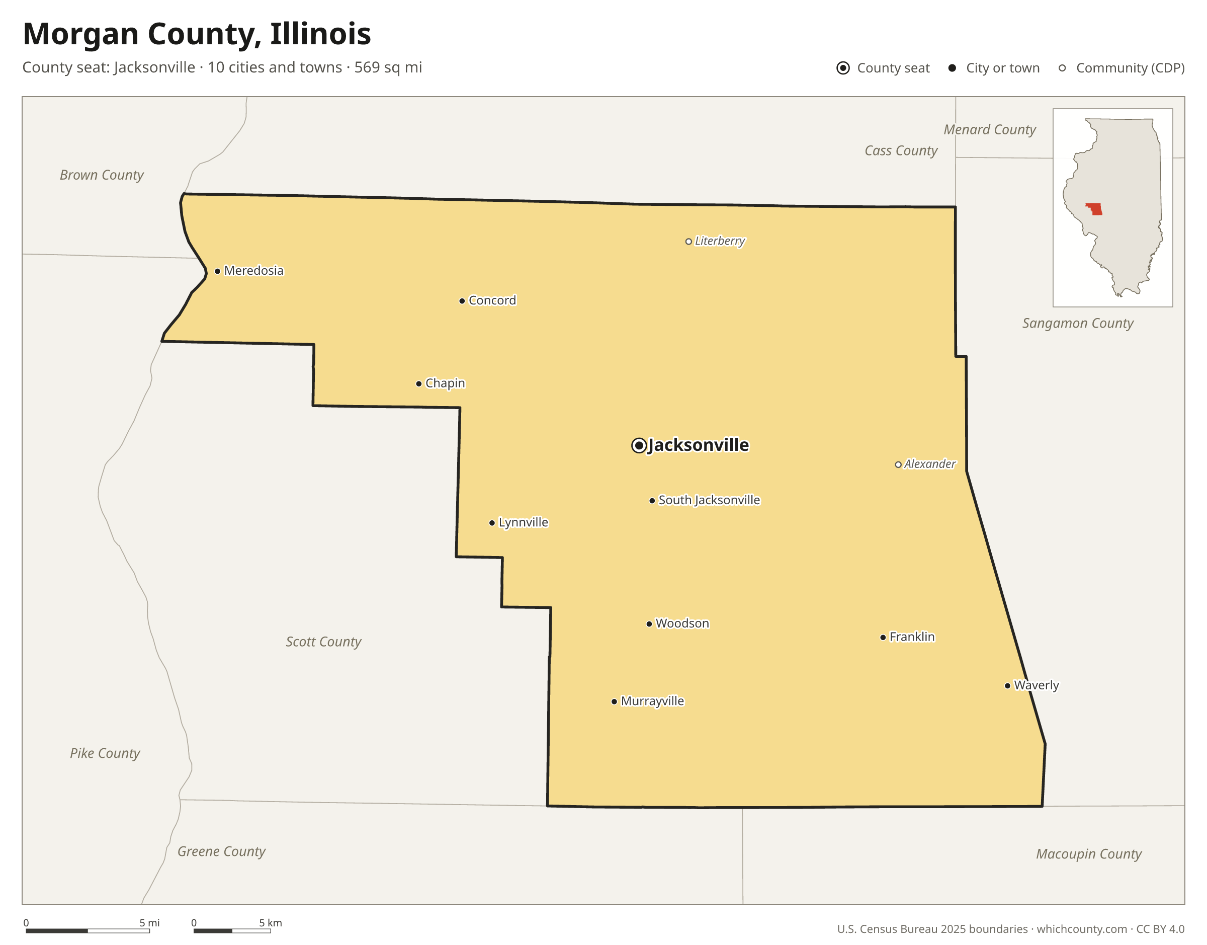 Map of Morgan County, Illinois with cities, towns and the county boundary