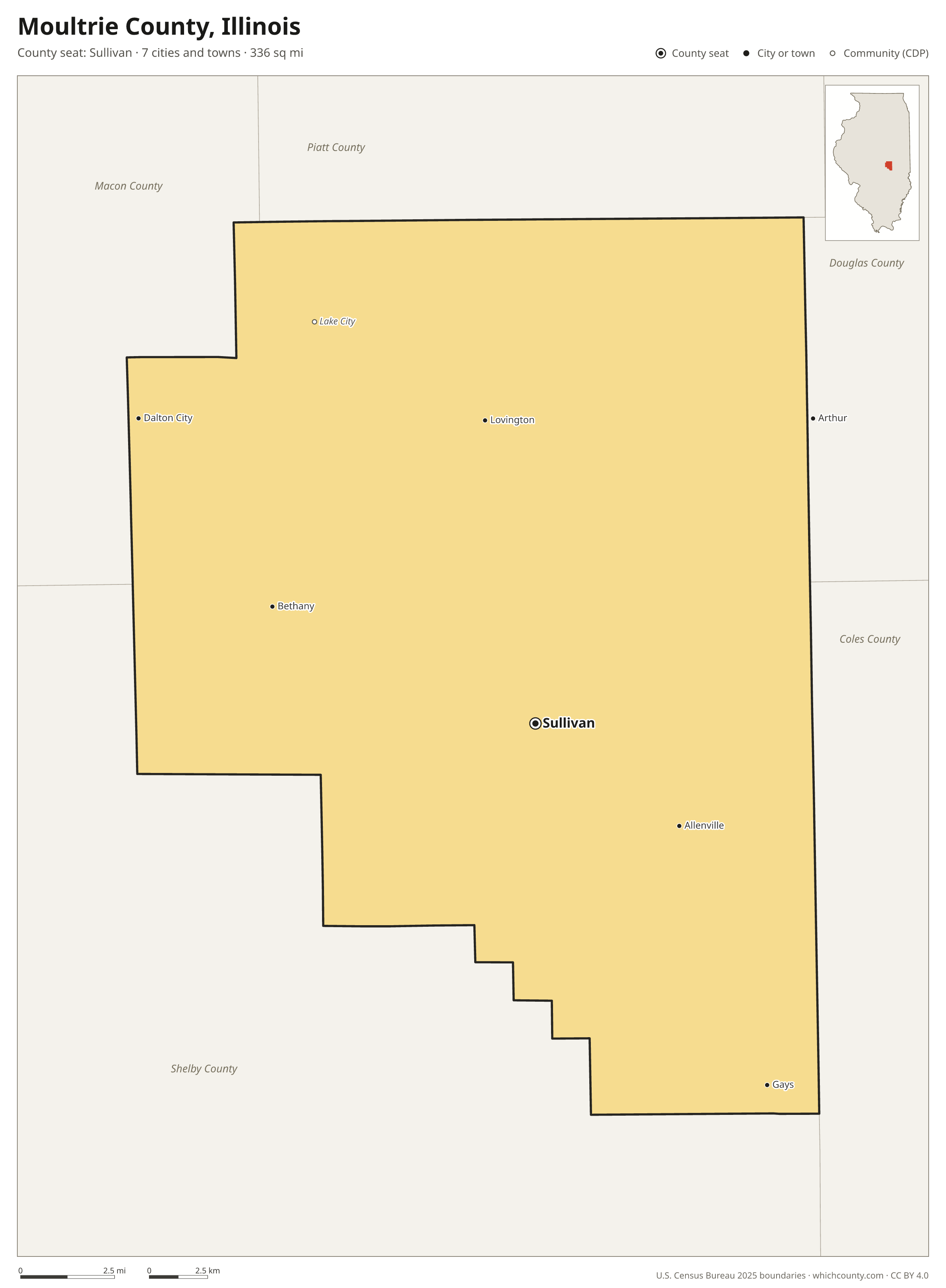 Map of Moultrie County, Illinois with cities, towns and the county boundary