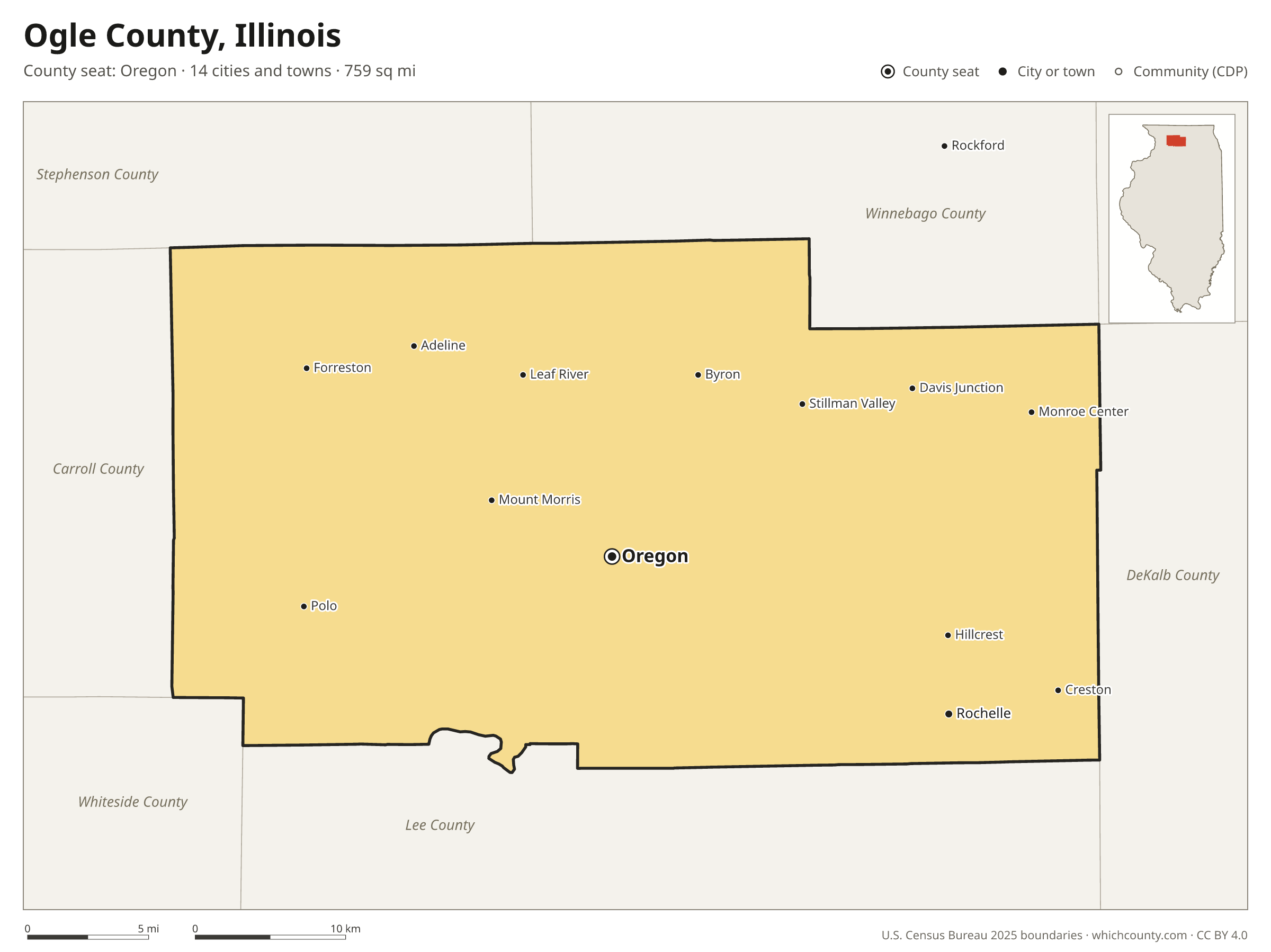 Map of Ogle County, Illinois with cities, towns and the county boundary
