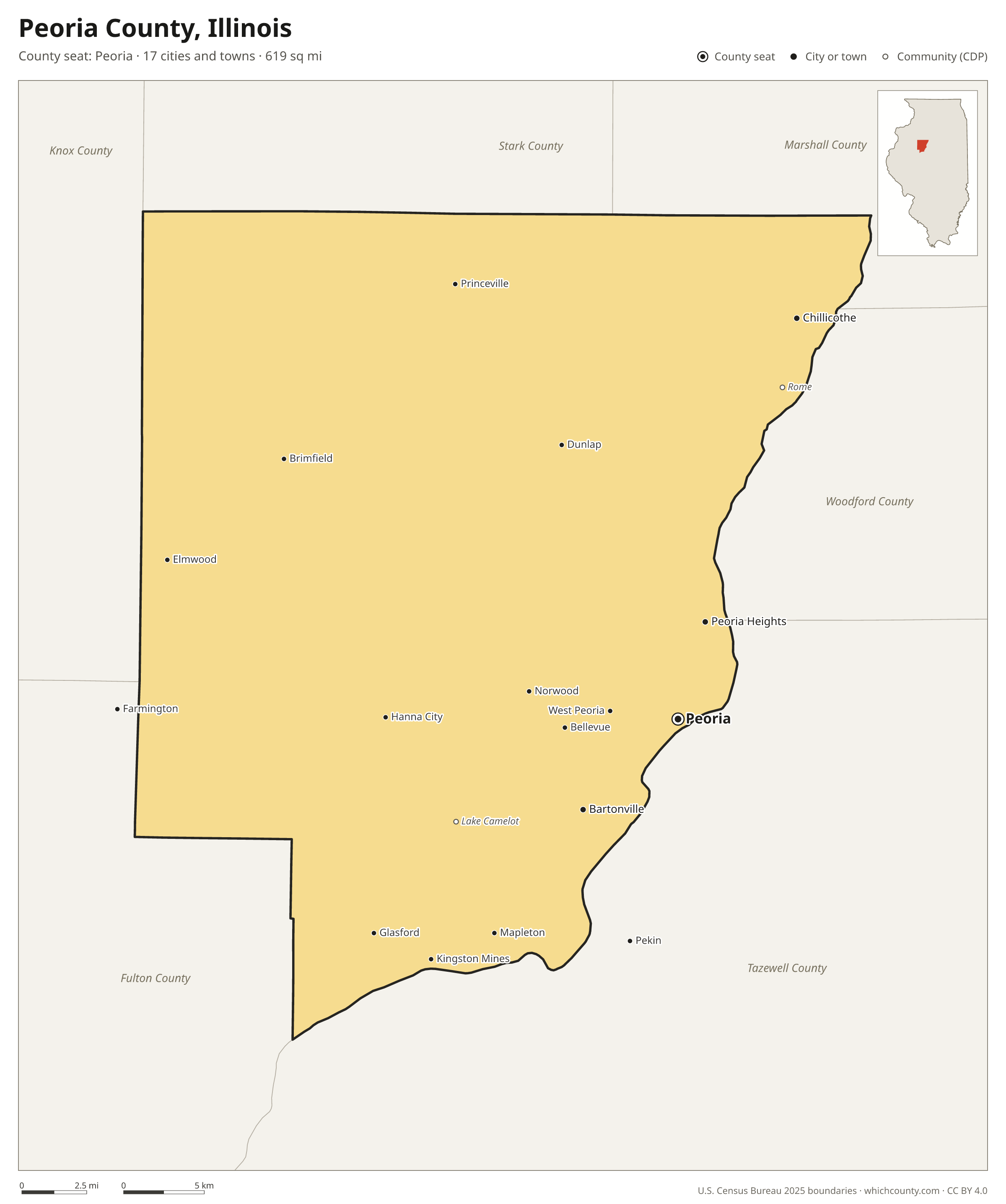 Map of Peoria County, Illinois with cities, towns and the county boundary