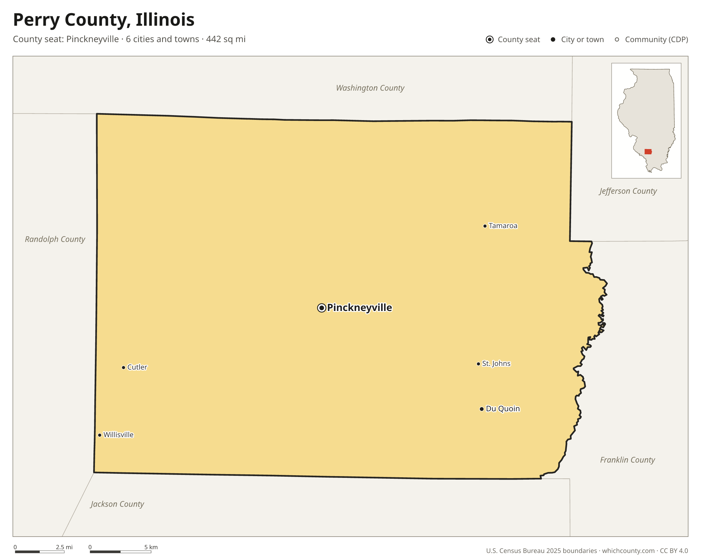 Map of Perry County, Illinois with cities, towns and the county boundary
