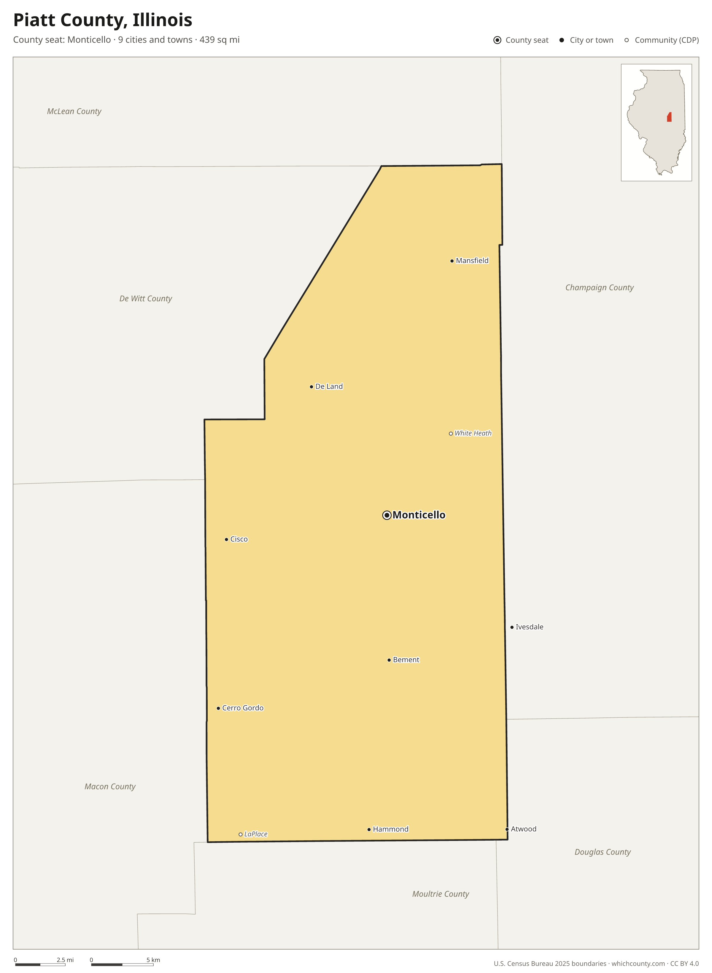 Map of Piatt County, Illinois with cities, towns and the county boundary